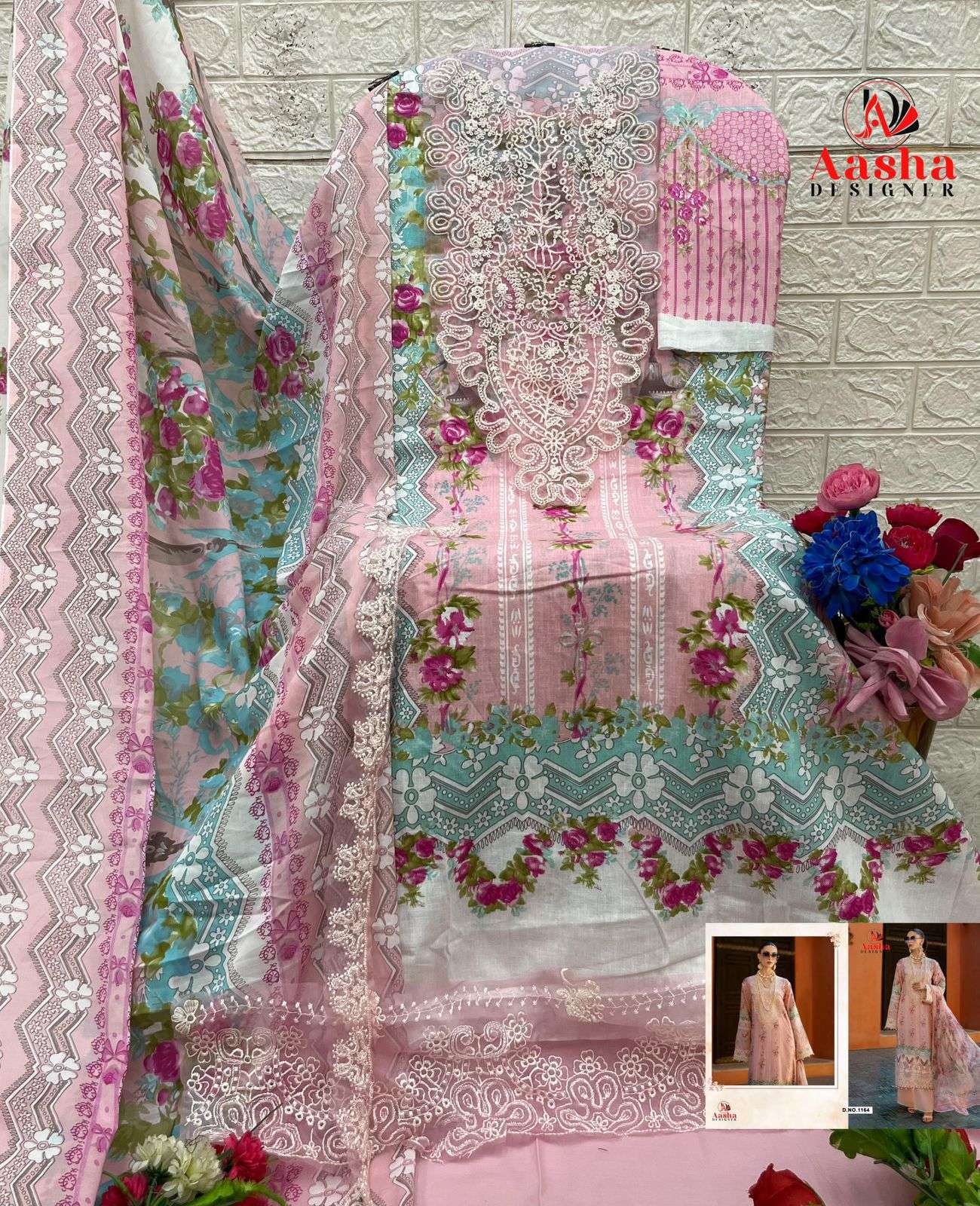 AASHA DESIGNER DESIGN NO - 1163 PURE COTTON PRINT HEAVY EMBROIDERED PATCH PAKISTANI SALWAR SUIT 