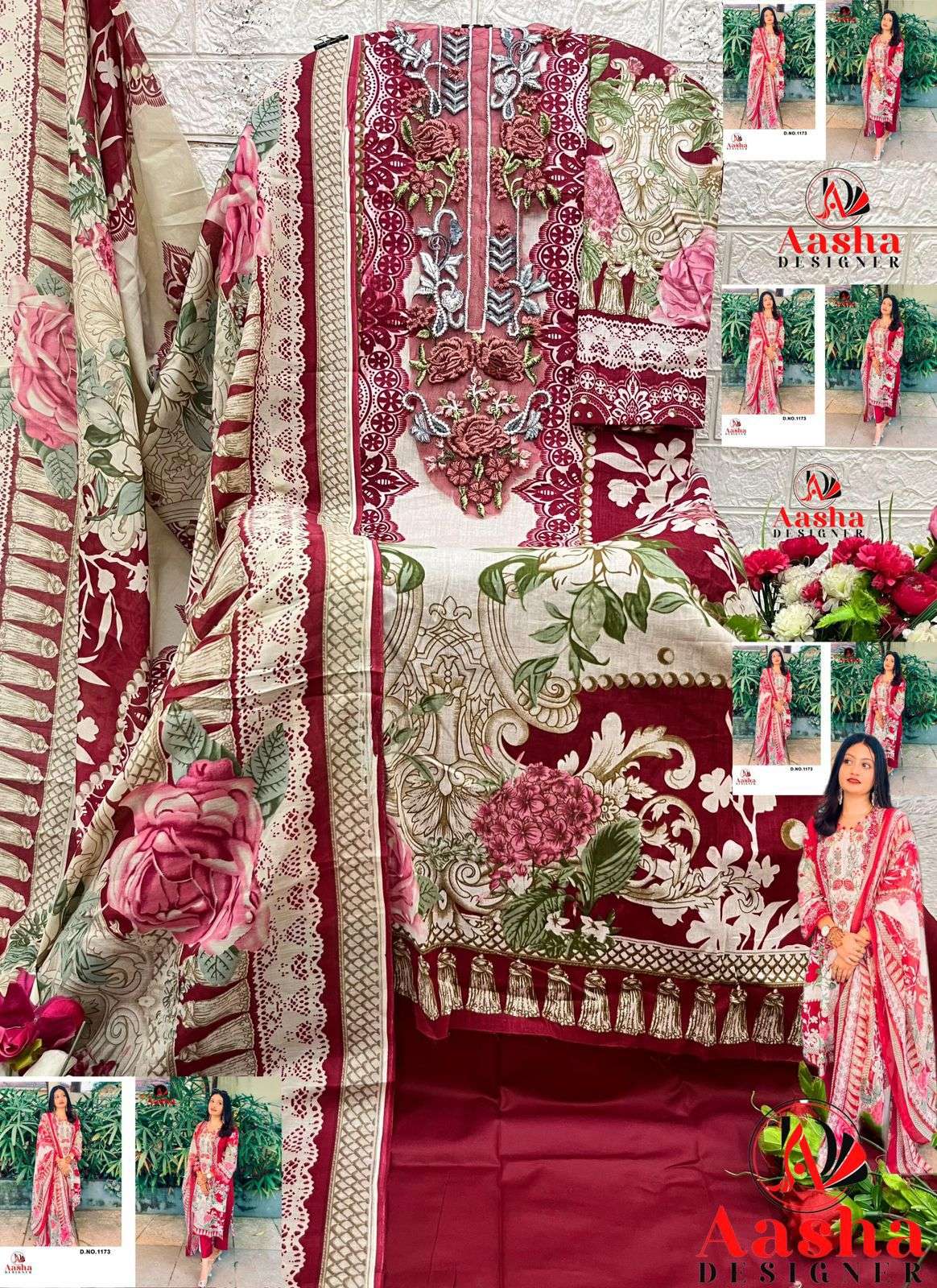 AASHA DESIGNER DESIGN NO - 1173 PURE COTTON PRINT HEAVY EMBROIDERED PATCH PAKISTANI SALWAR SUIT 
