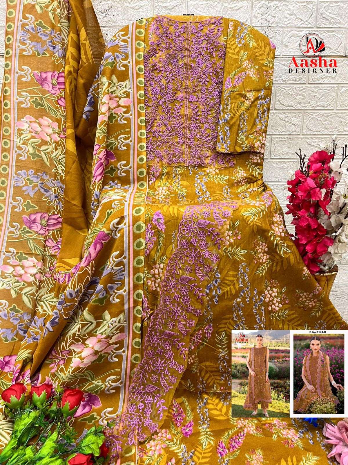 AASHA DESIGNER DESIGN NO - 1174 AB PURE COTTON PRINT HEAVY EMBROIDERED PATCH PAKISTANI SALWAR SUIT 