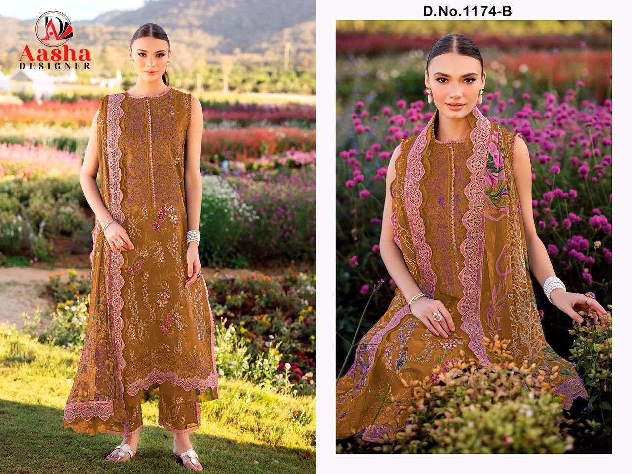 AASHA DESIGNER DESIGN NO - 1174 AB PURE COTTON PRINT HEAVY EMBROIDERED PATCH PAKISTANI SALWAR SUIT 