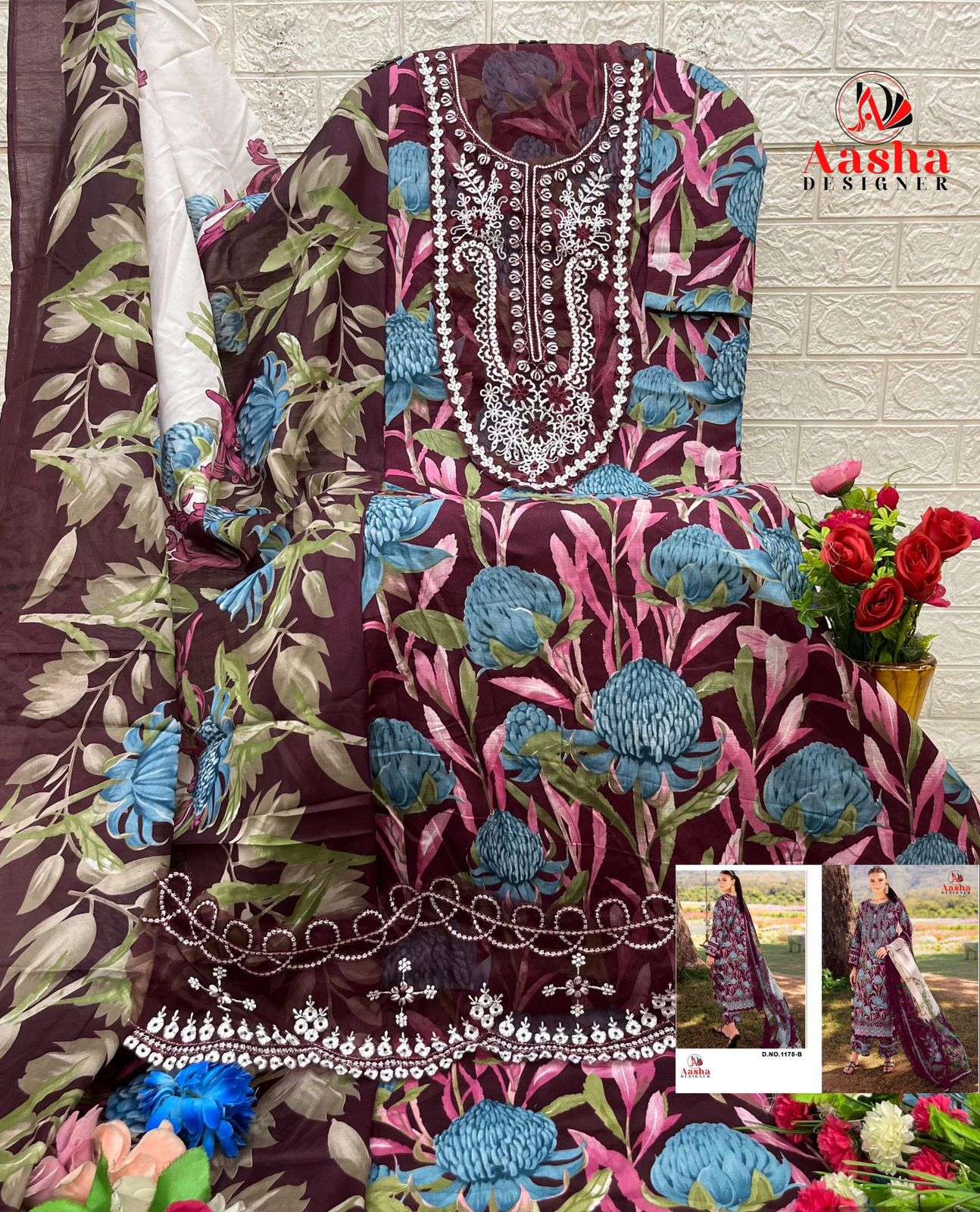 AASHA DESIGNER DESIGN NO - 1175 AB PURE COTTON PRINT HEAVY  EMBROIDERED PATCH PAKISTANI SALWAR SUIT 
