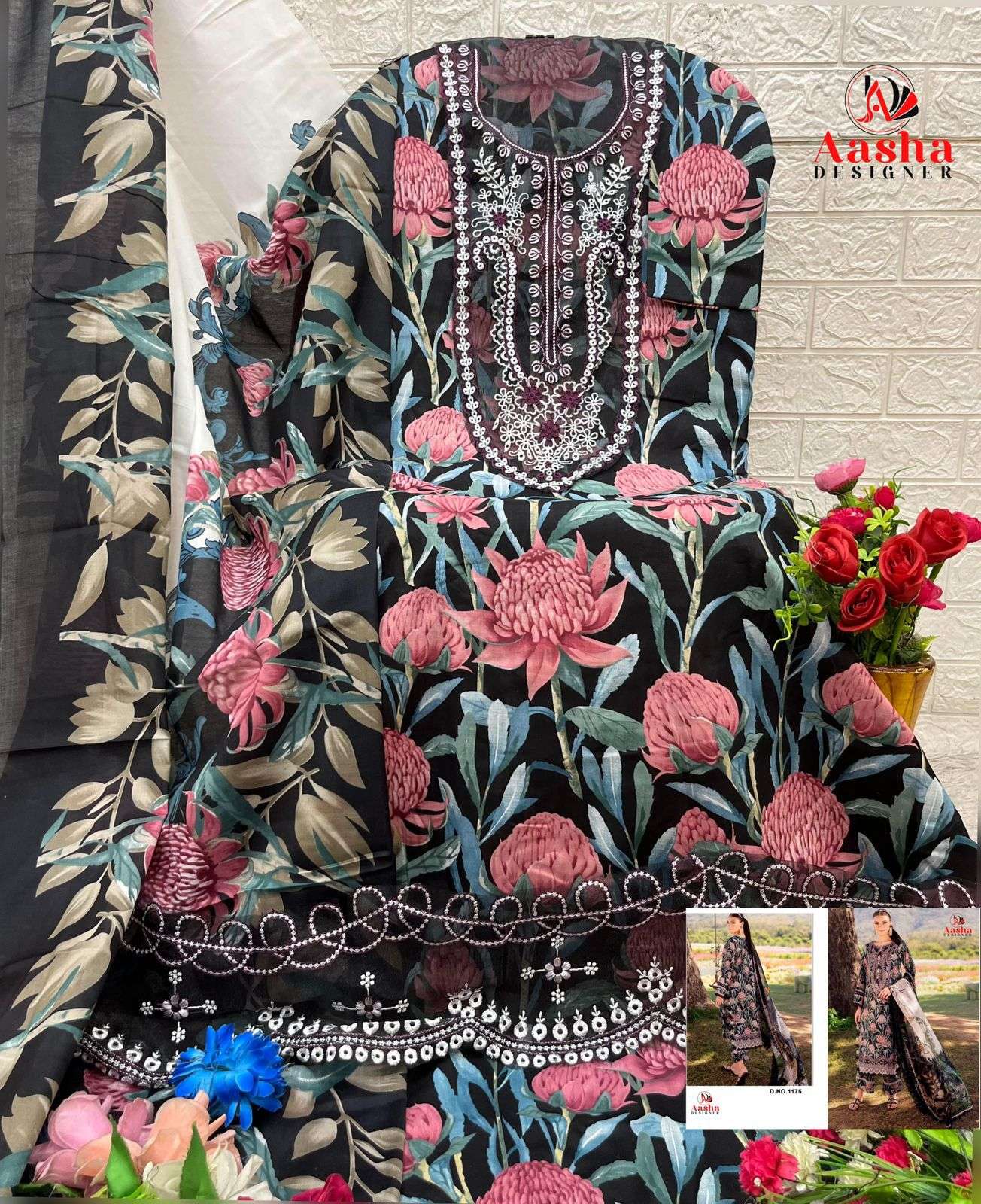 AASHA DESIGNER DESIGN NO - 1175 AB PURE COTTON PRINT HEAVY  EMBROIDERED PATCH PAKISTANI SALWAR SUIT 