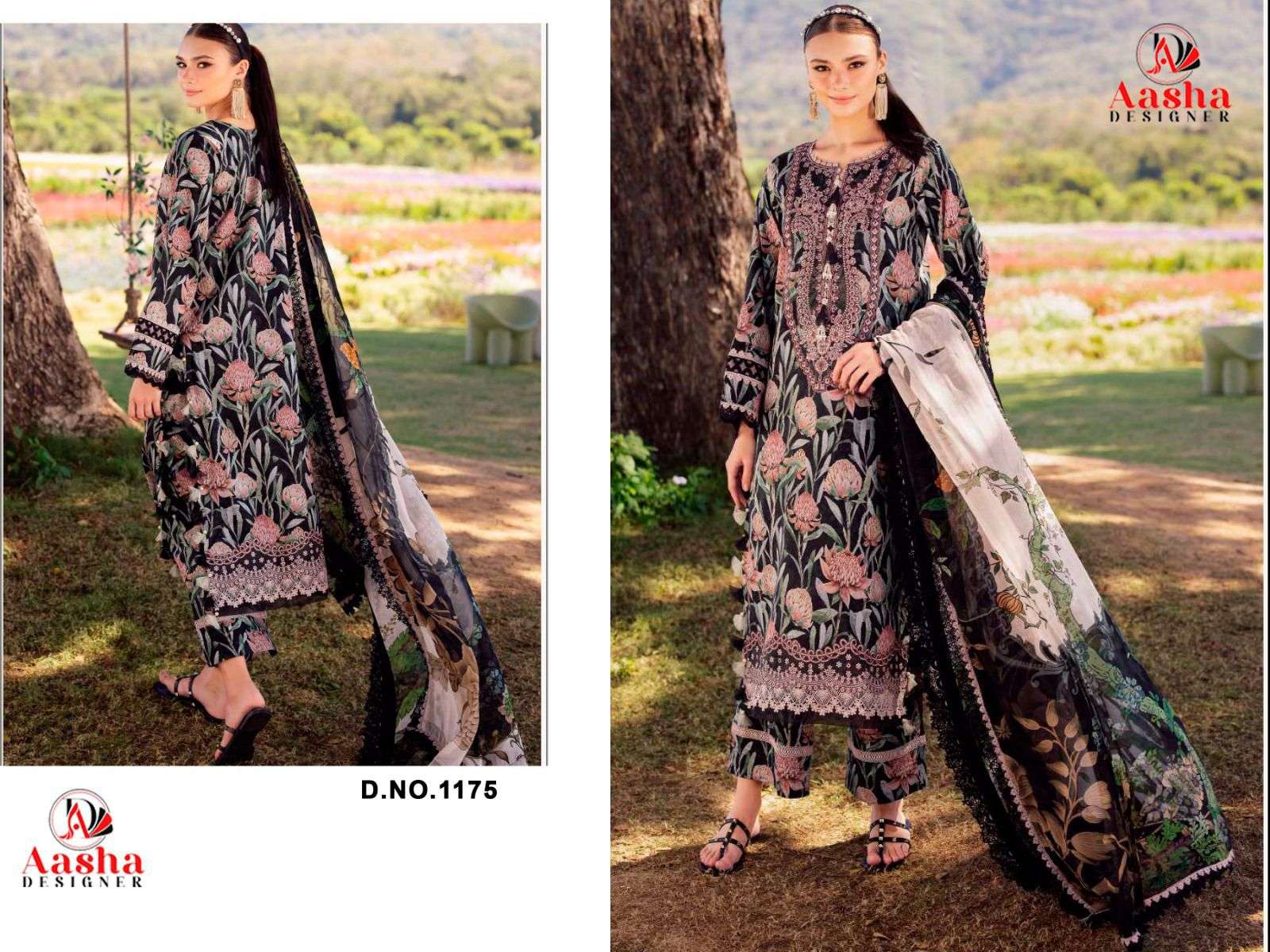 AASHA DESIGNER DESIGN NO - 1175 AB PURE COTTON PRINT HEAVY  EMBROIDERED PATCH PAKISTANI SALWAR SUIT 