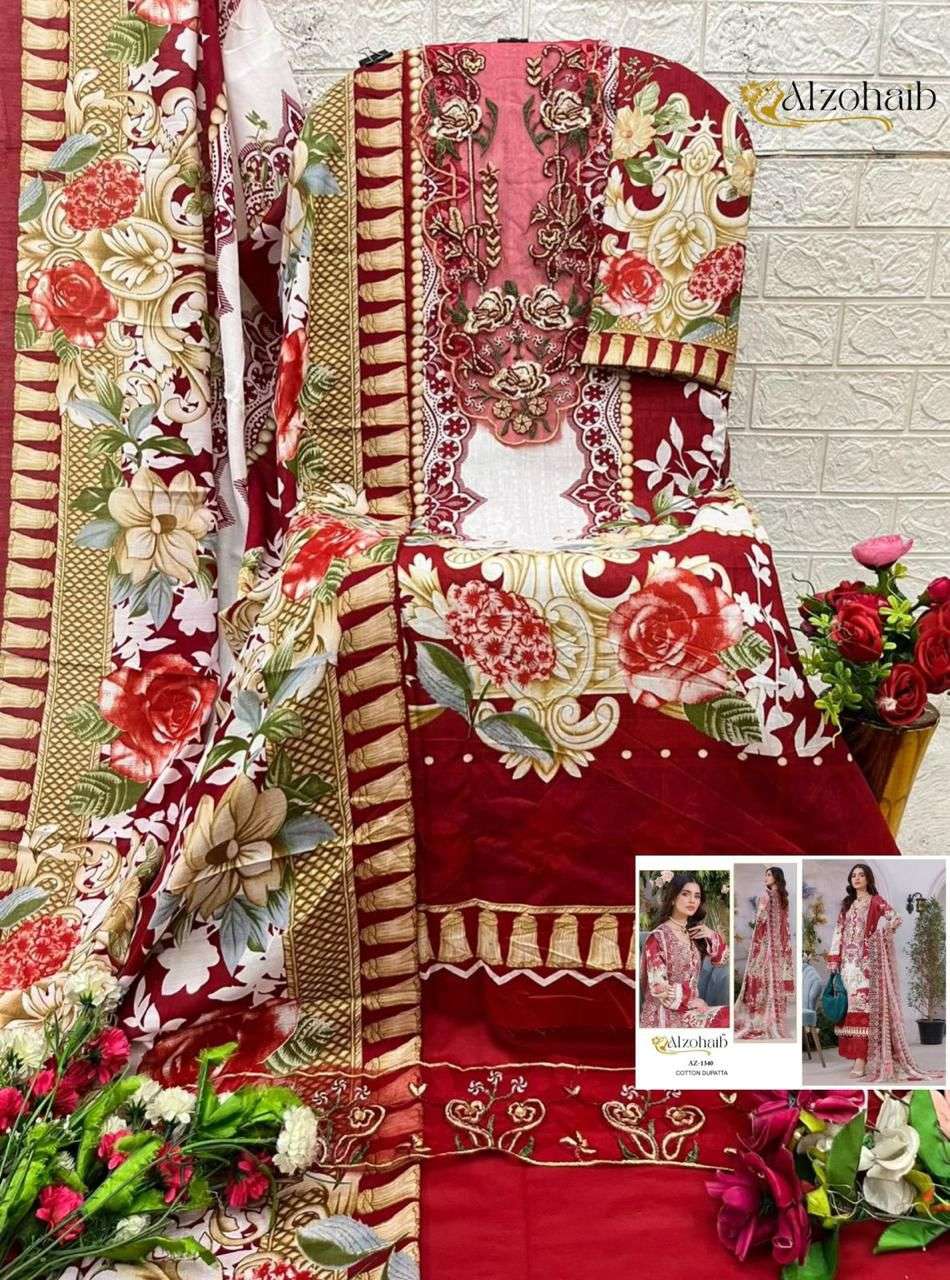 AL ZOHAIB DESIGN NO - 1101-1115-1330-1333AB-1334AB-1335AB-1336AB-1337AB-1340 PURE COTTON PRINT HEAVY EMBROIDERED PATCH PAKISTANI SALWAR SUIT 