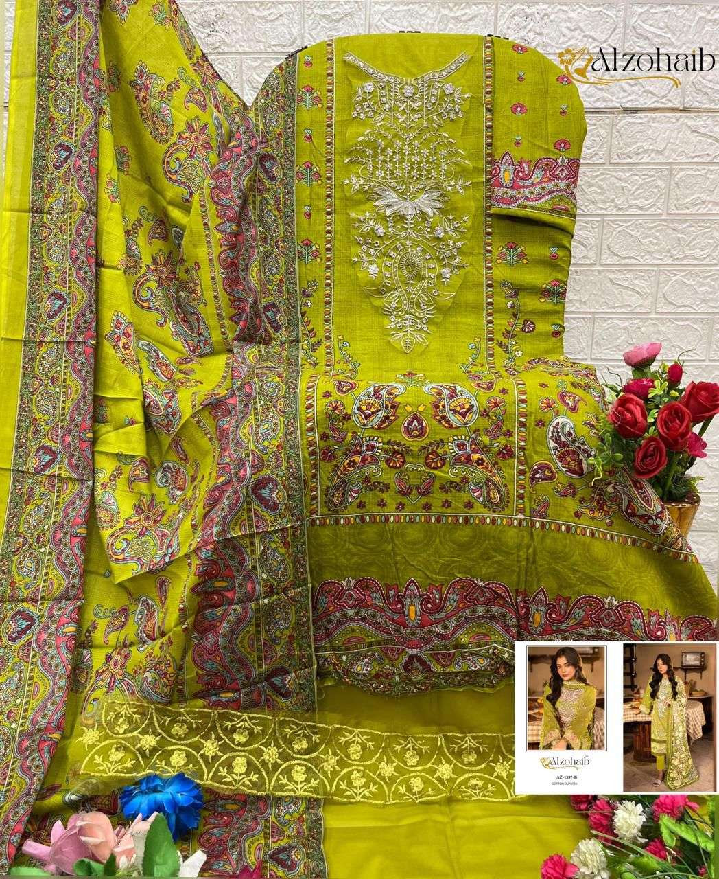 AL ZOHAIB DESIGN NO - 1101-1115-1330-1333AB-1334AB-1335AB-1336AB-1337AB-1340 PURE COTTON PRINT HEAVY EMBROIDERED PATCH PAKISTANI SALWAR SUIT 