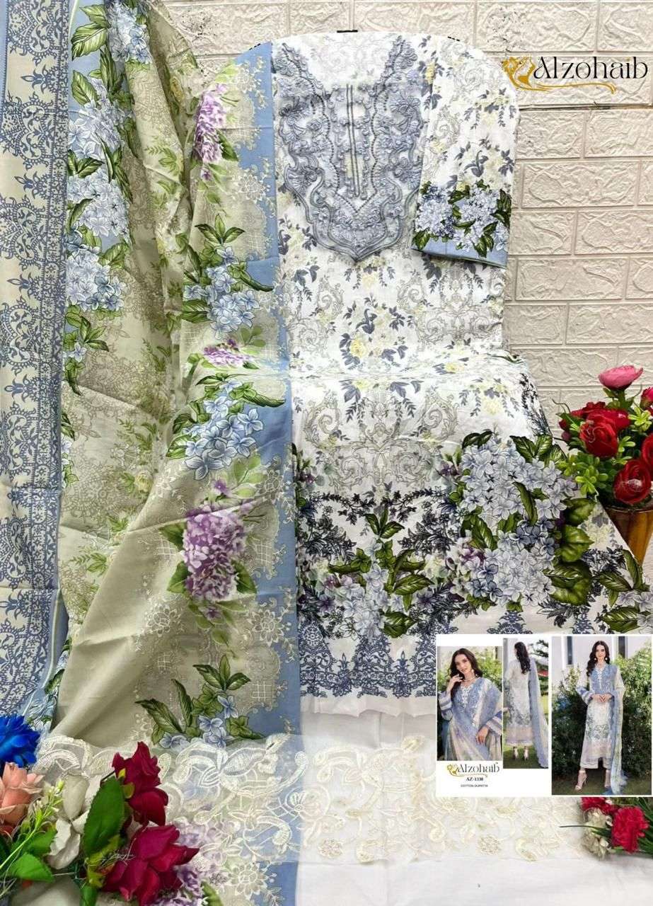 AL ZOHAIB DESIGN NO - 1101-1115-1330-1333AB-1334AB-1335AB-1336AB-1337AB-1340 PURE COTTON PRINT HEAVY EMBROIDERED PATCH PAKISTANI SALWAR SUIT 