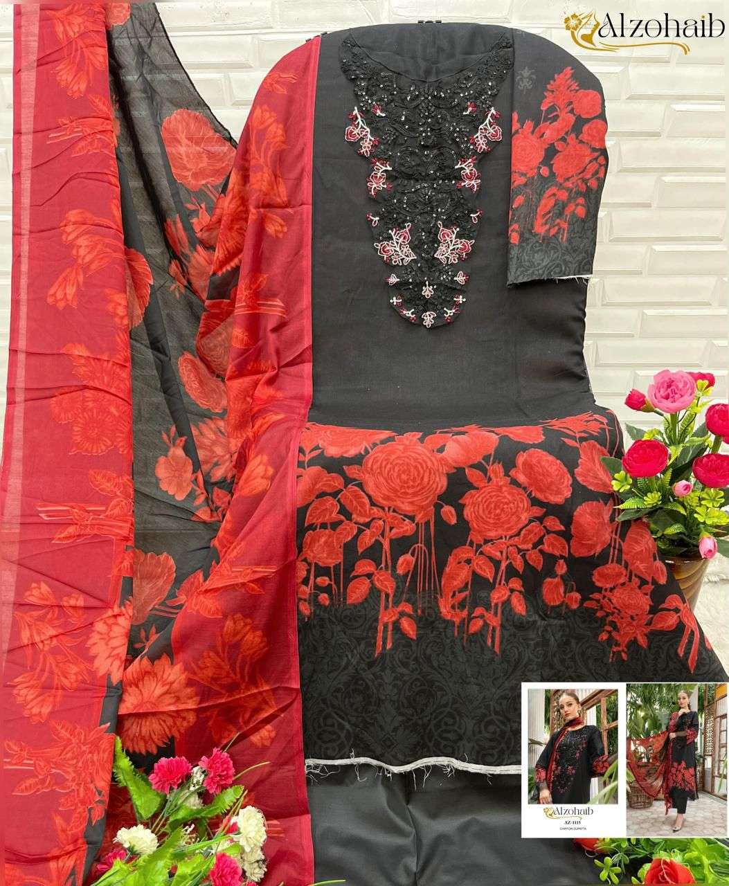 AL ZOHAIB DESIGN NO - 1101-1115-1330-1333AB-1334AB-1335AB-1336AB-1337AB-1340 PURE COTTON PRINT HEAVY EMBROIDERED PATCH PAKISTANI SALWAR SUIT 