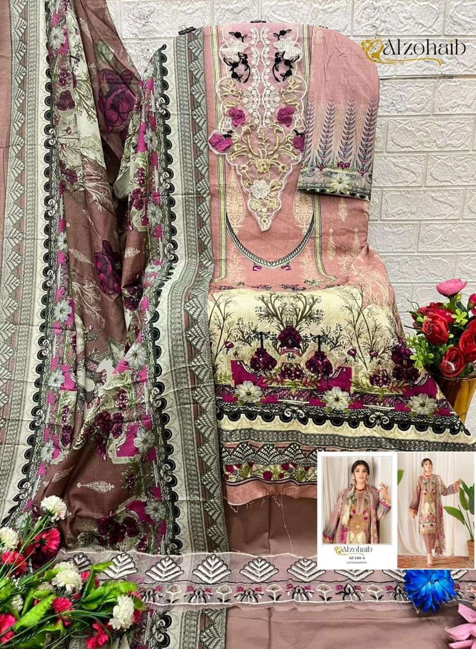 AL ZOHAIB DESIGN NO - 1101-1115-1330-1333AB-1334AB-1335AB-1336AB-1337AB-1340 PURE COTTON PRINT HEAVY EMBROIDERED PATCH PAKISTANI SALWAR SUIT 