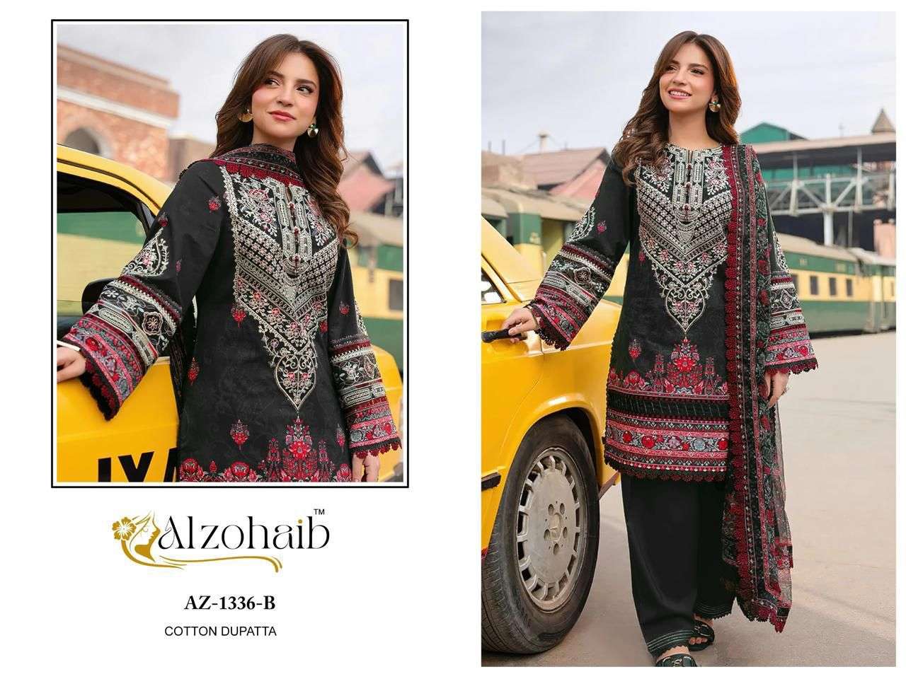 AL ZOHAIB DESIGN NO - 1101-1115-1330-1333AB-1334AB-1335AB-1336AB-1337AB-1340 PURE COTTON PRINT HEAVY EMBROIDERED PATCH PAKISTANI SALWAR SUIT 