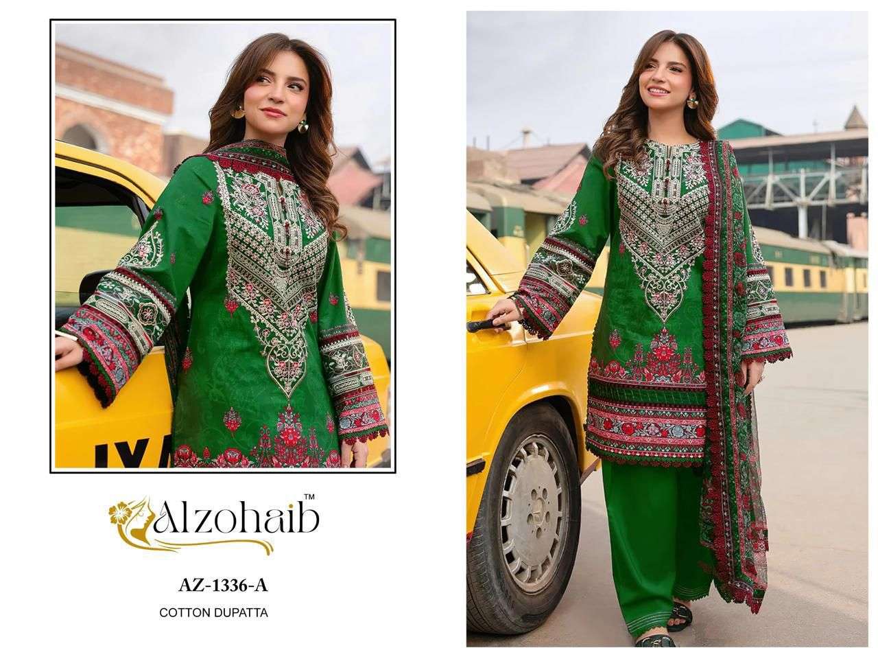 AL ZOHAIB DESIGN NO - 1101-1115-1330-1333AB-1334AB-1335AB-1336AB-1337AB-1340 PURE COTTON PRINT HEAVY EMBROIDERED PATCH PAKISTANI SALWAR SUIT 