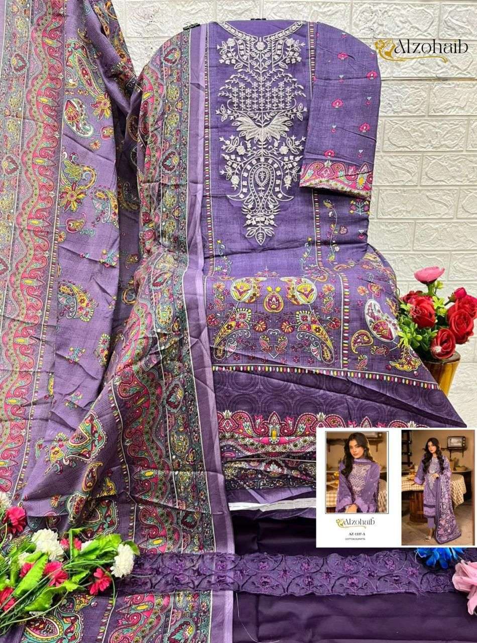 AL ZOHAIB DESIGN NO - 1101-1115-1330-1333AB-1334AB-1335AB-1336AB-1337AB-1340 PURE COTTON PRINT HEAVY EMBROIDERED PATCH PAKISTANI SALWAR SUIT 