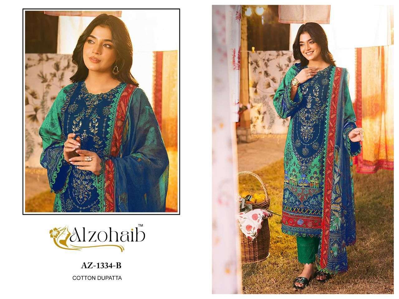 AL ZOHAIB DESIGN NO - 1101-1115-1330-1333AB-1334AB-1335AB-1336AB-1337AB-1340 PURE COTTON PRINT HEAVY EMBROIDERED PATCH PAKISTANI SALWAR SUIT 