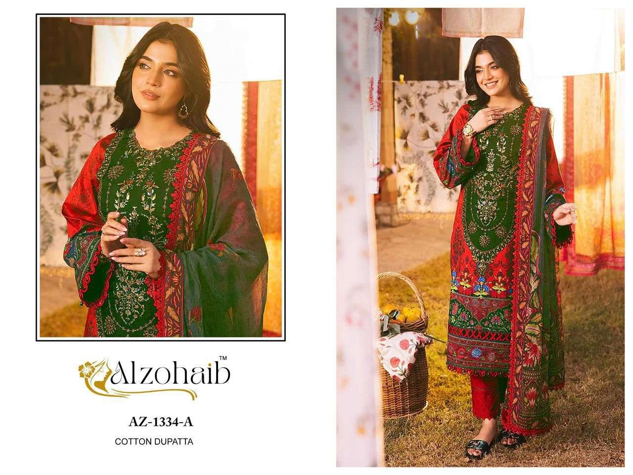AL ZOHAIB DESIGN NO - 1101-1115-1330-1333AB-1334AB-1335AB-1336AB-1337AB-1340 PURE COTTON PRINT HEAVY EMBROIDERED PATCH PAKISTANI SALWAR SUIT 