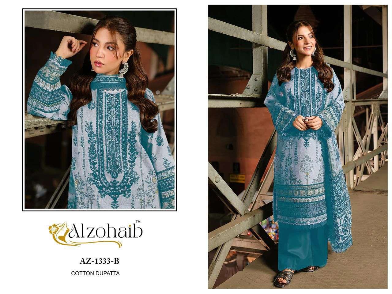 AL ZOHAIB DESIGN NO - 1101-1115-1330-1333AB-1334AB-1335AB-1336AB-1337AB-1340 PURE COTTON PRINT HEAVY EMBROIDERED PATCH PAKISTANI SALWAR SUIT 
