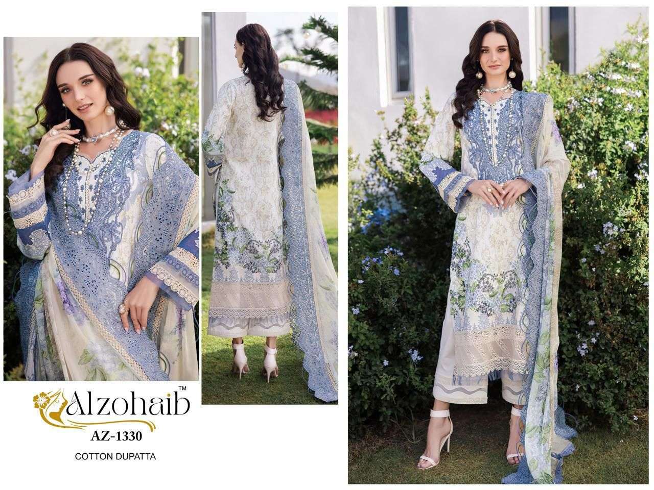 AL ZOHAIB DESIGN NO - 1101-1115-1330-1333AB-1334AB-1335AB-1336AB-1337AB-1340 PURE COTTON PRINT HEAVY EMBROIDERED PATCH PAKISTANI SALWAR SUIT 