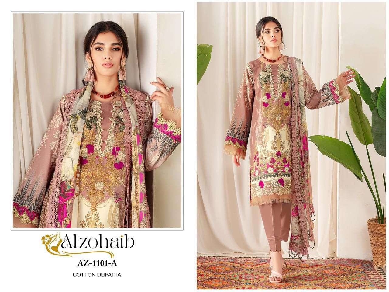 AL ZOHAIB DESIGN NO - 1101-1115-1330-1333AB-1334AB-1335AB-1336AB-1337AB-1340 PURE COTTON PRINT HEAVY EMBROIDERED PATCH PAKISTANI SALWAR SUIT 