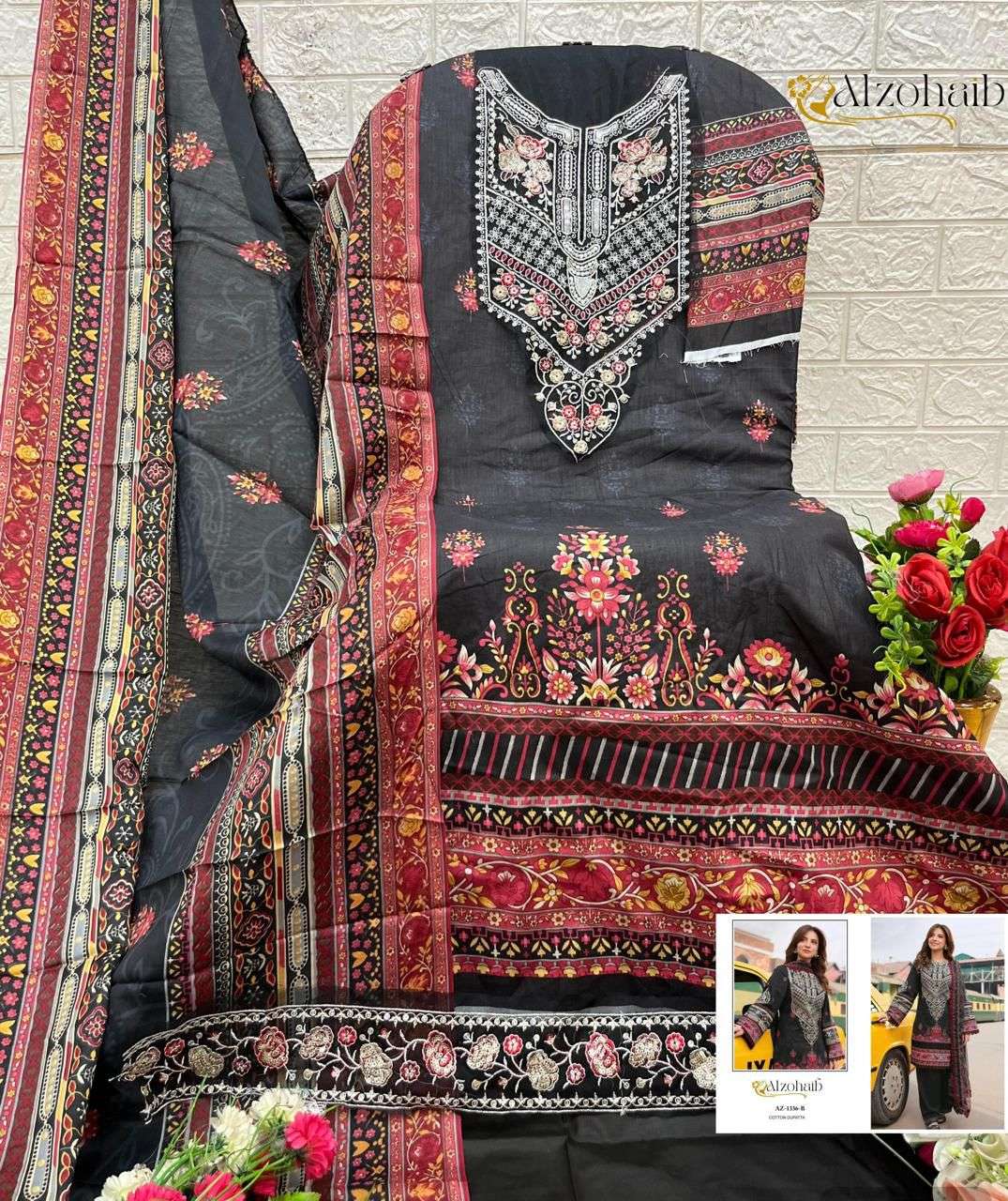 AL ZOHAIB DESIGN NO - 1101-1115-1330-1333AB-1334AB-1335AB-1336AB-1337AB-1340 PURE COTTON PRINT HEAVY EMBROIDERED PATCH PAKISTANI SALWAR SUIT 