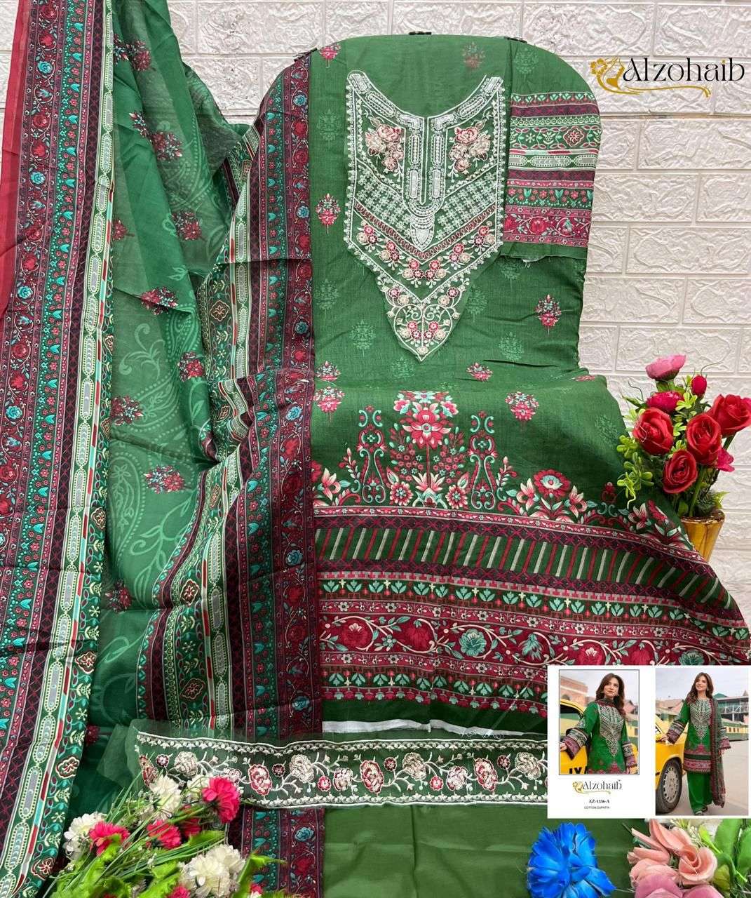 AL ZOHAIB DESIGN NO - 1101-1115-1330-1333AB-1334AB-1335AB-1336AB-1337AB-1340 PURE COTTON PRINT HEAVY EMBROIDERED PATCH PAKISTANI SALWAR SUIT 