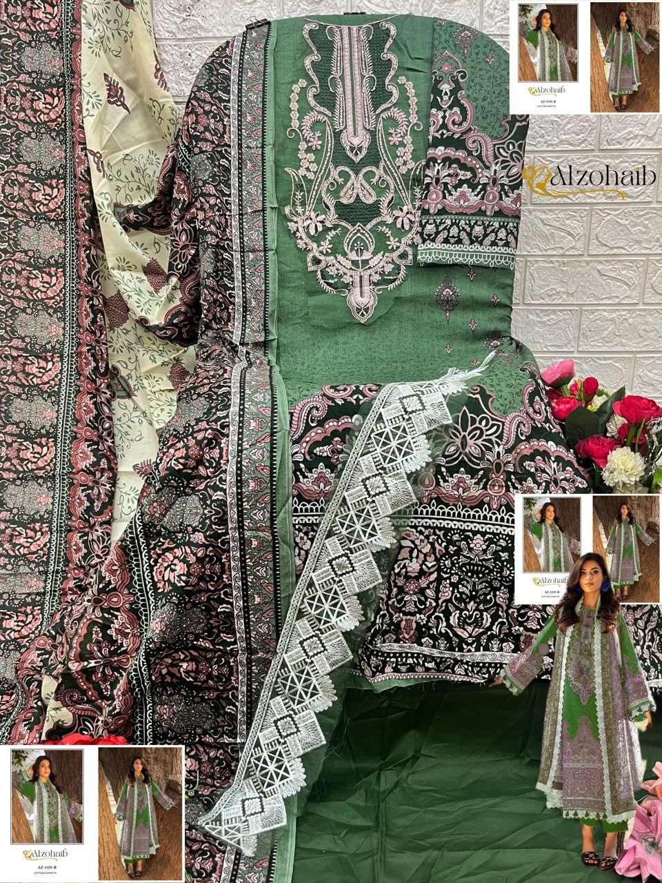 AL ZOHAIB DESIGN NO - 1101-1115-1330-1333AB-1334AB-1335AB-1336AB-1337AB-1340 PURE COTTON PRINT HEAVY EMBROIDERED PATCH PAKISTANI SALWAR SUIT 