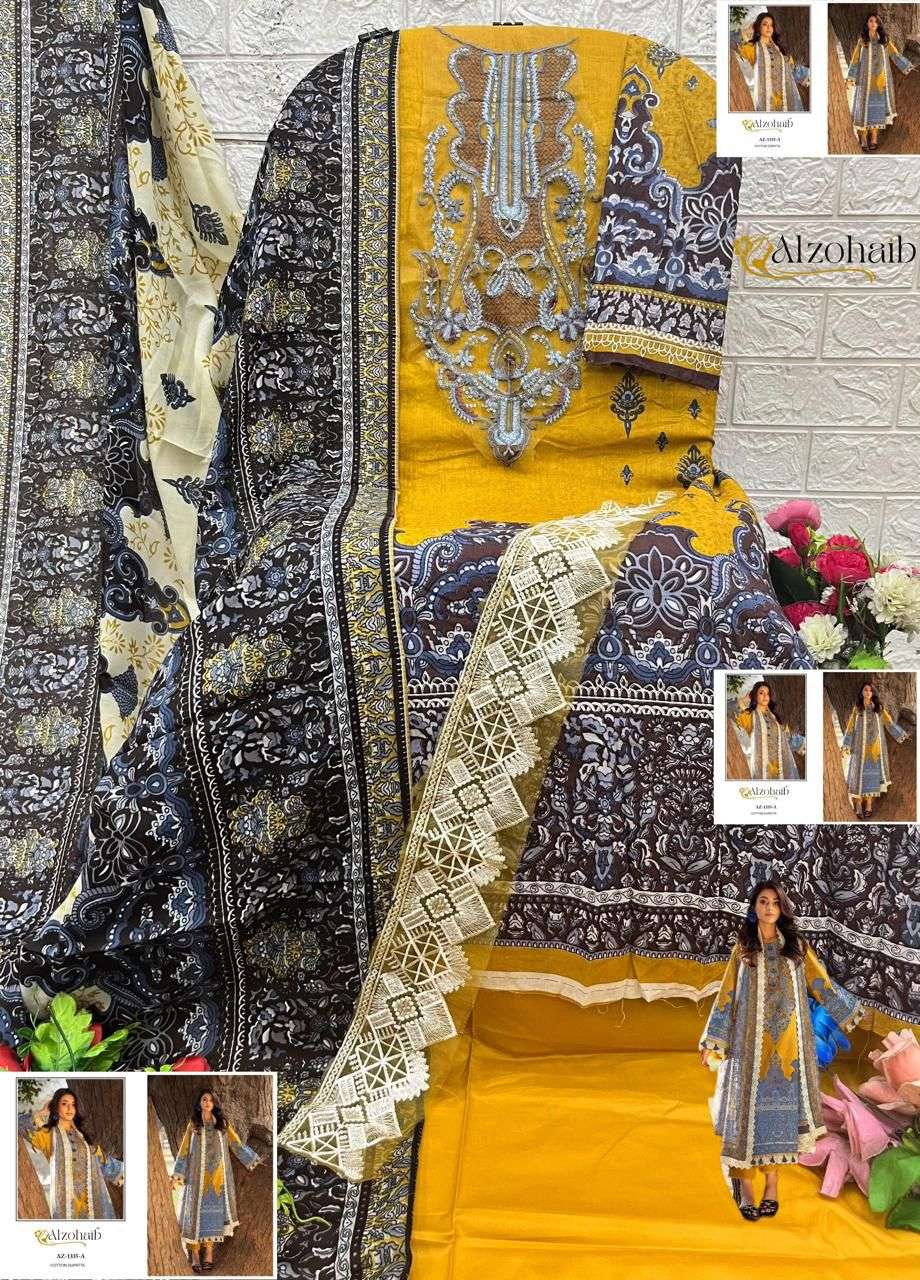 AL ZOHAIB DESIGN NO - 1101-1115-1330-1333AB-1334AB-1335AB-1336AB-1337AB-1340 PURE COTTON PRINT HEAVY EMBROIDERED PATCH PAKISTANI SALWAR SUIT 