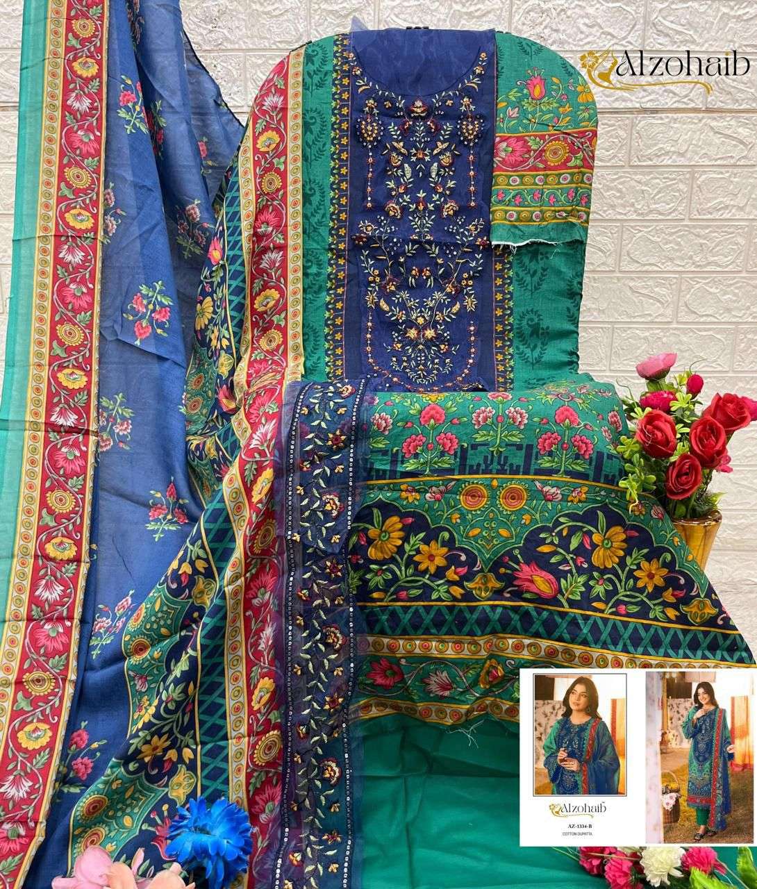 AL ZOHAIB DESIGN NO - 1101-1115-1330-1333AB-1334AB-1335AB-1336AB-1337AB-1340 PURE COTTON PRINT HEAVY EMBROIDERED PATCH PAKISTANI SALWAR SUIT 