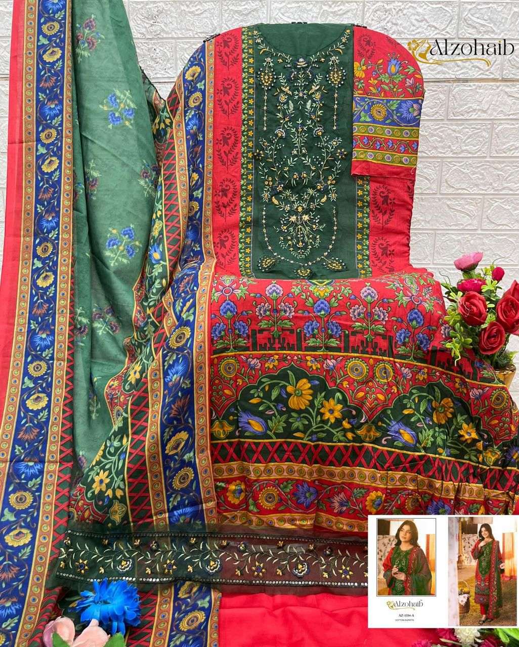 AL ZOHAIB DESIGN NO - 1101-1115-1330-1333AB-1334AB-1335AB-1336AB-1337AB-1340 PURE COTTON PRINT HEAVY EMBROIDERED PATCH PAKISTANI SALWAR SUIT 