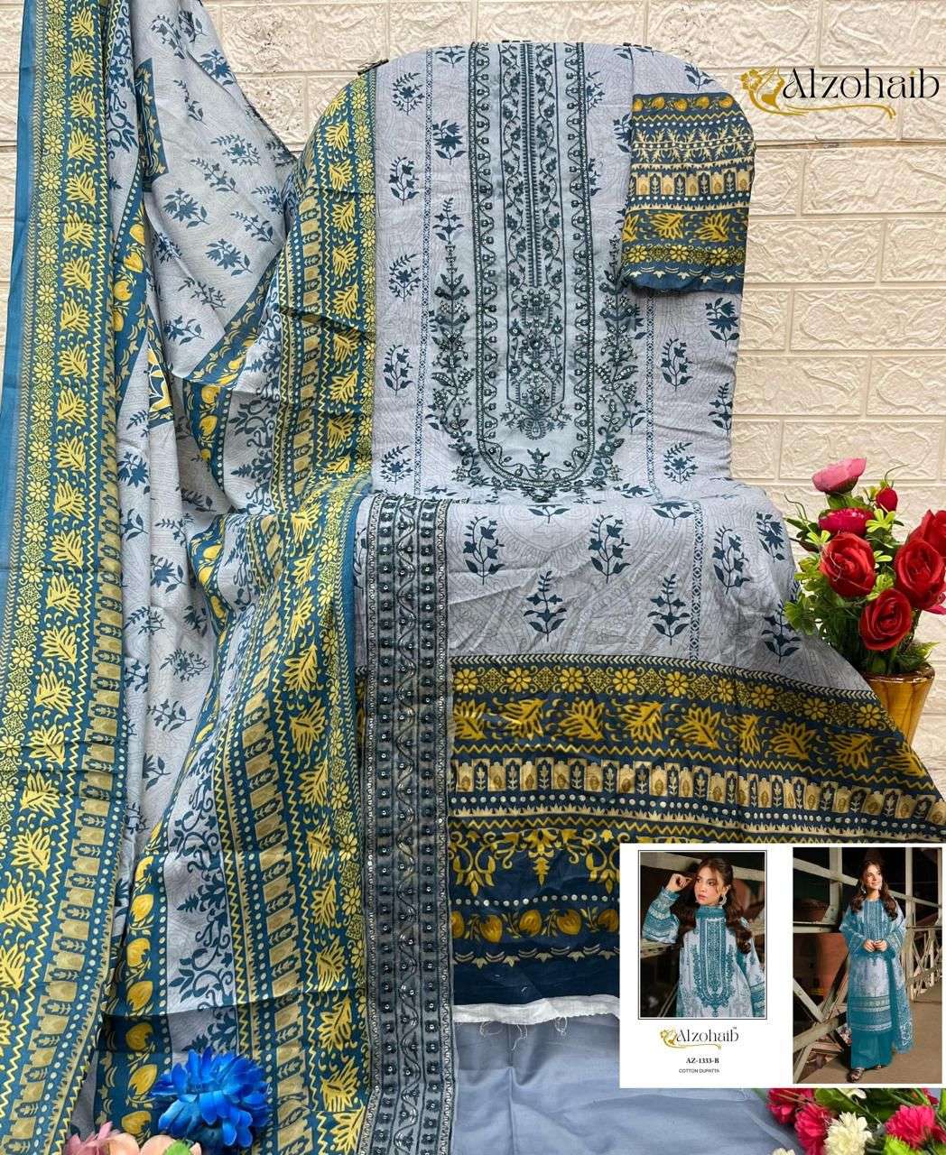 AL ZOHAIB DESIGN NO - 1101-1115-1330-1333AB-1334AB-1335AB-1336AB-1337AB-1340 PURE COTTON PRINT HEAVY EMBROIDERED PATCH PAKISTANI SALWAR SUIT 