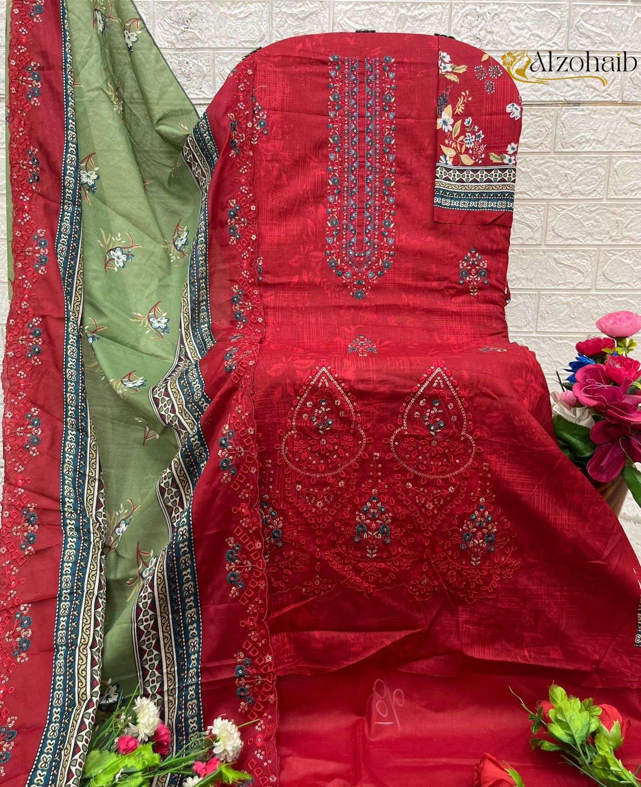 AL ZOHAIB DESIGN NO - 1262-1263-1264-1265-1266-1267 PURE COTTON PRINT SELF WORK PAKISTANI SALWAR SUIT 