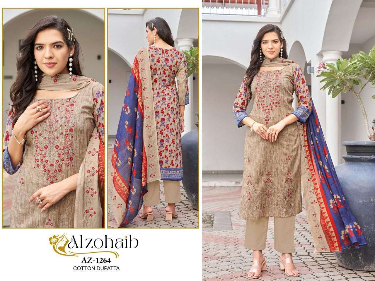 AL ZOHAIB DESIGN NO - 1262-1263-1264-1265-1266-1267 PURE COTTON PRINT SELF WORK PAKISTANI SALWAR SUIT 