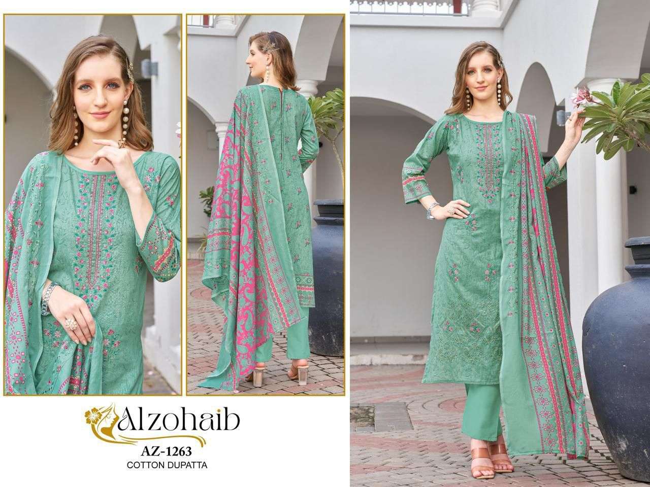AL ZOHAIB DESIGN NO - 1262-1263-1264-1265-1266-1267 PURE COTTON PRINT SELF WORK PAKISTANI SALWAR SUIT 