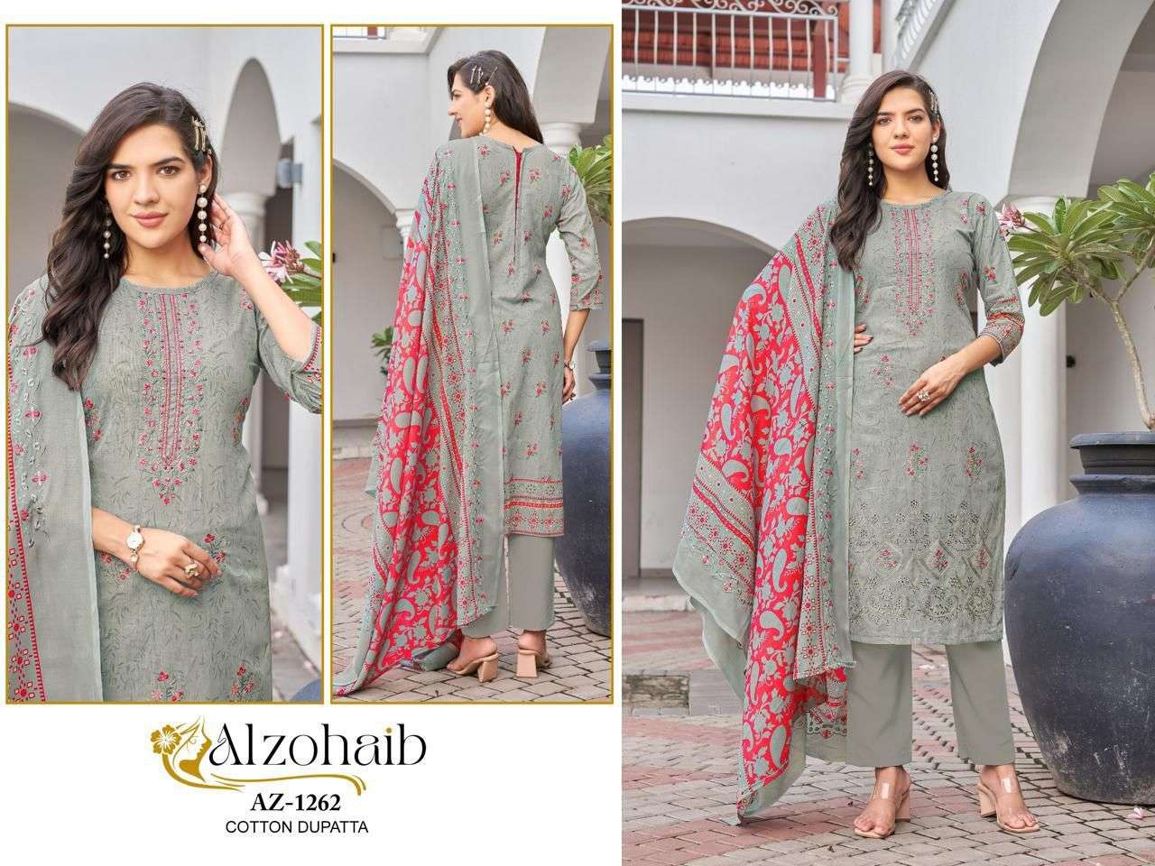 AL ZOHAIB DESIGN NO - 1262-1263-1264-1265-1266-1267 PURE COTTON PRINT SELF WORK PAKISTANI SALWAR SUIT 
