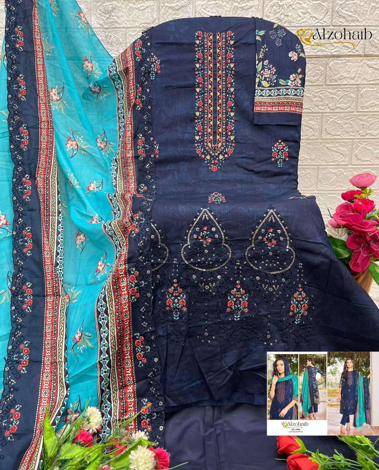 AL ZOHAIB DESIGN NO - 1262-1263-1264-1265-1266-1267 PURE COTTON PRINT SELF WORK PAKISTANI SALWAR SUIT 