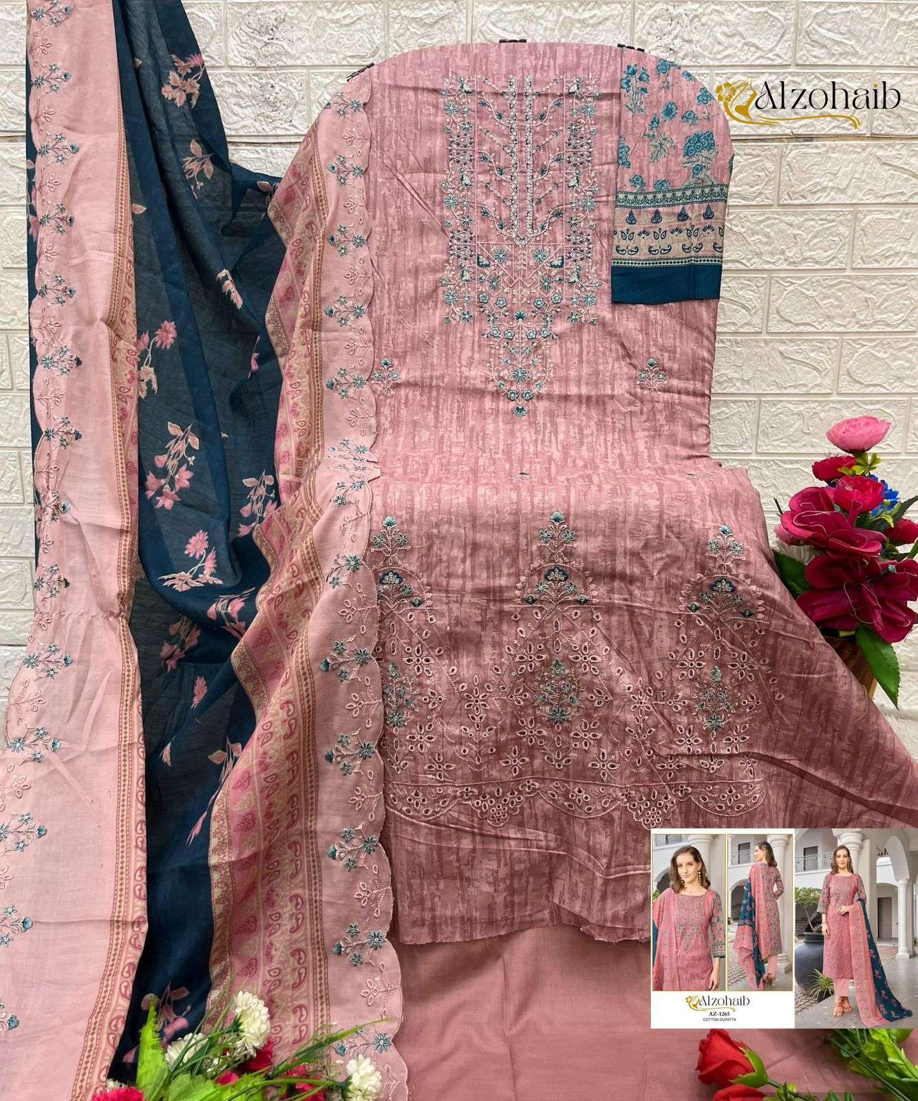 AL ZOHAIB DESIGN NO - 1262-1263-1264-1265-1266-1267 PURE COTTON PRINT SELF WORK PAKISTANI SALWAR SUIT 