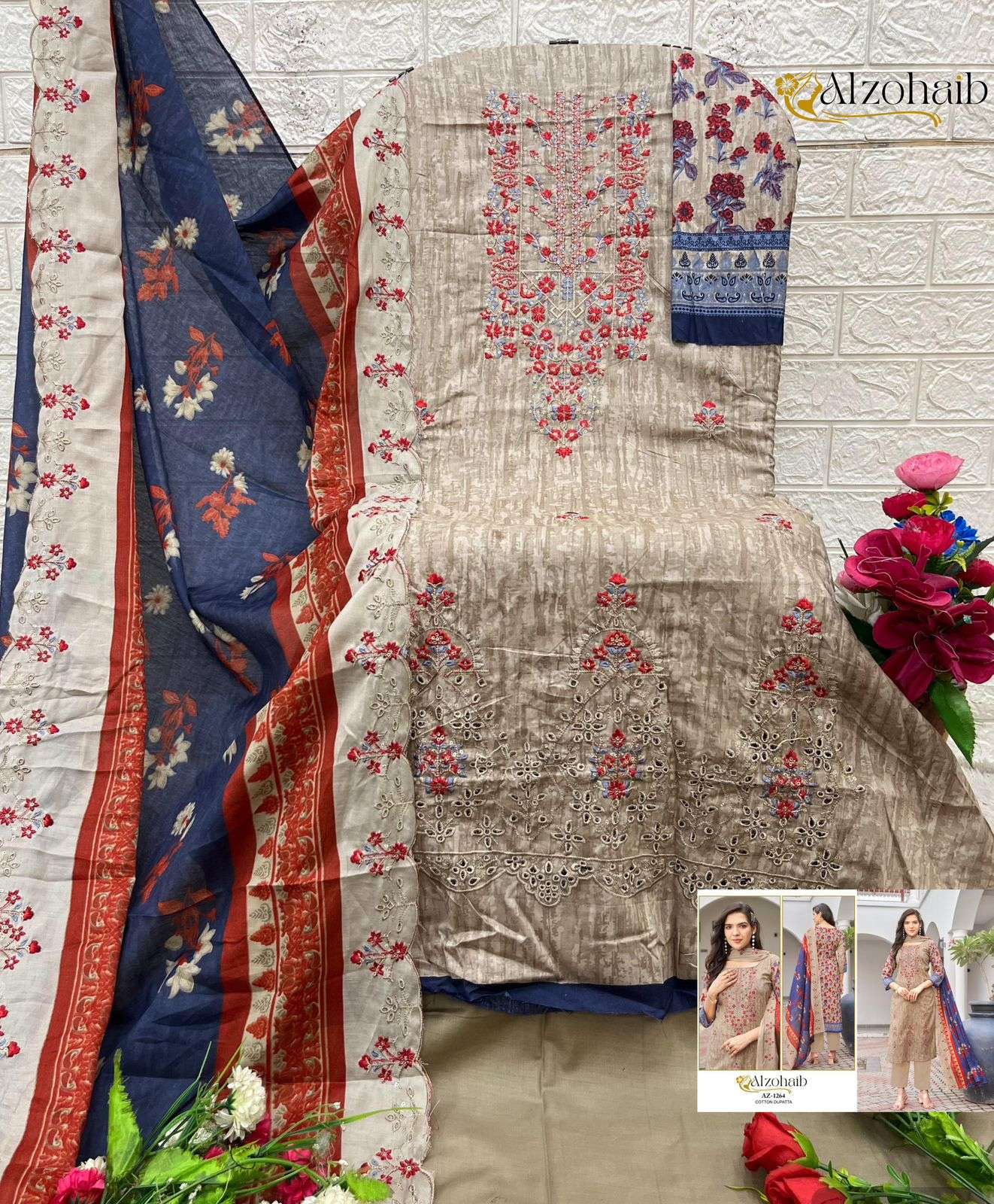 AL ZOHAIB DESIGN NO - 1262-1263-1264-1265-1266-1267 PURE COTTON PRINT SELF WORK PAKISTANI SALWAR SUIT 