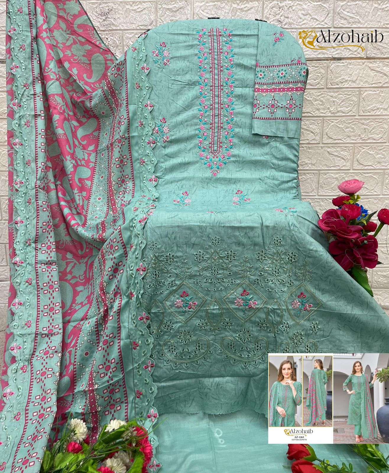 AL ZOHAIB DESIGN NO - 1262-1263-1264-1265-1266-1267 PURE COTTON PRINT SELF WORK PAKISTANI SALWAR SUIT 