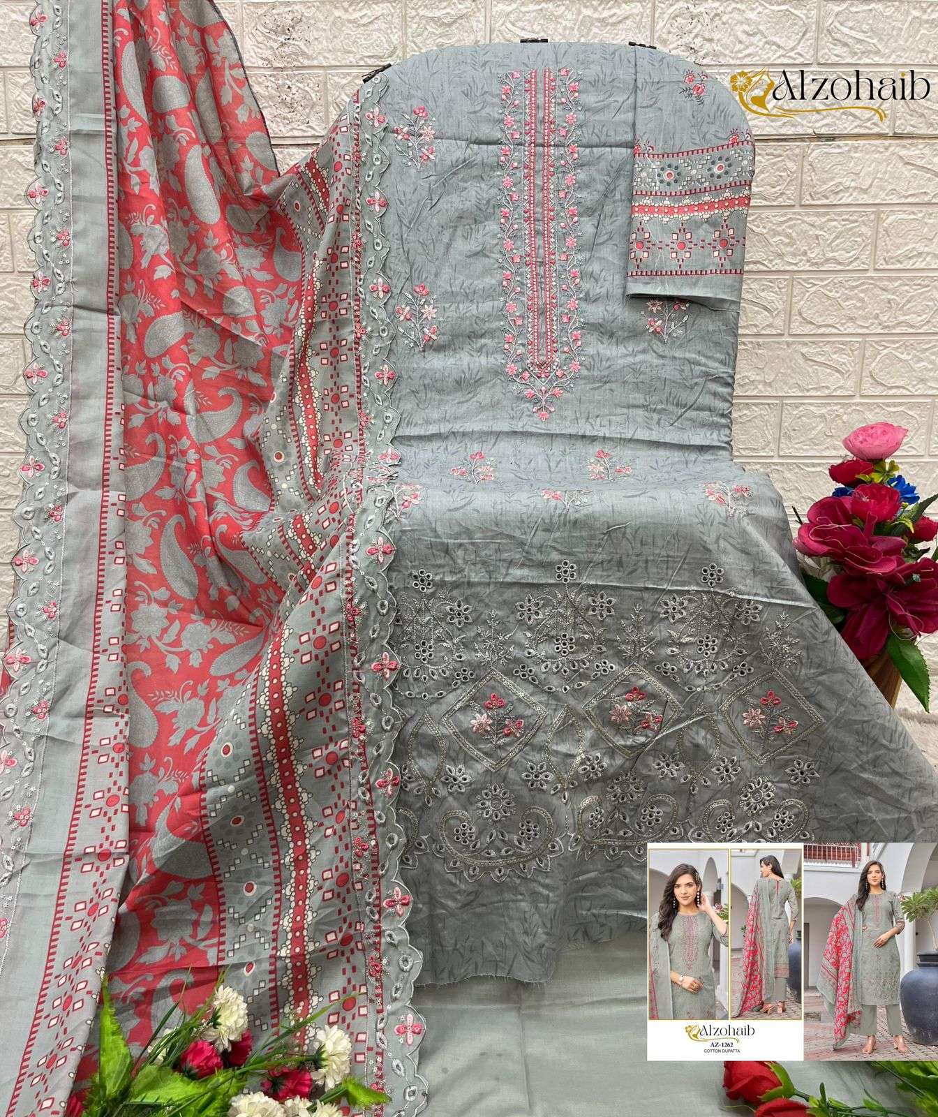 AL ZOHAIB DESIGN NO - 1262-1263-1264-1265-1266-1267 PURE COTTON PRINT SELF WORK PAKISTANI SALWAR SUIT 