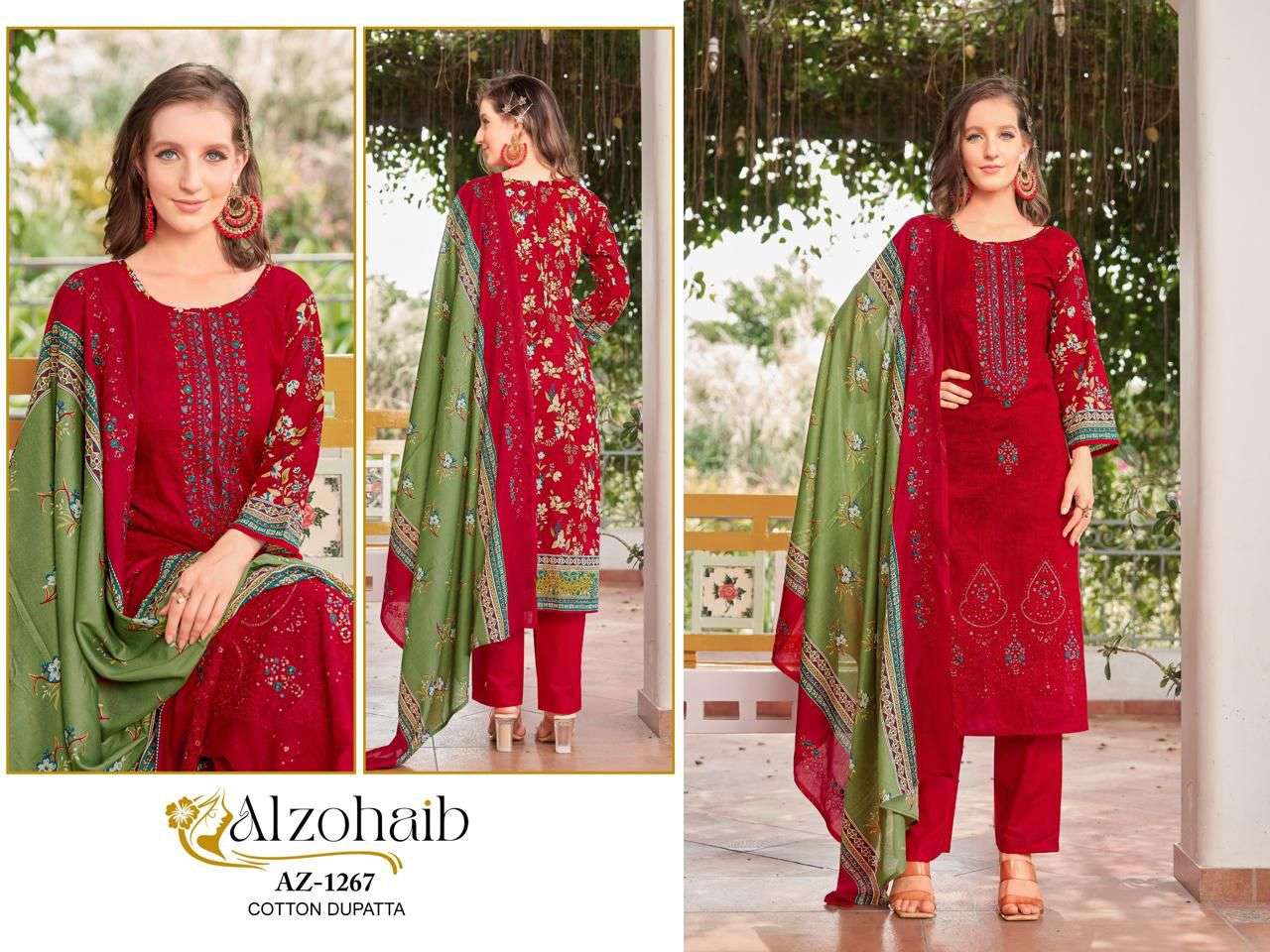 AL ZOHAIB DESIGN NO - 1262-1263-1264-1265-1266-1267 PURE COTTON PRINT SELF WORK PAKISTANI SALWAR SUIT 
