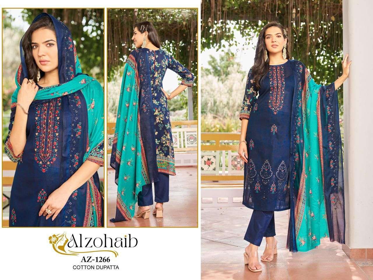 AL ZOHAIB DESIGN NO - 1262-1263-1264-1265-1266-1267 PURE COTTON PRINT SELF WORK PAKISTANI SALWAR SUIT 