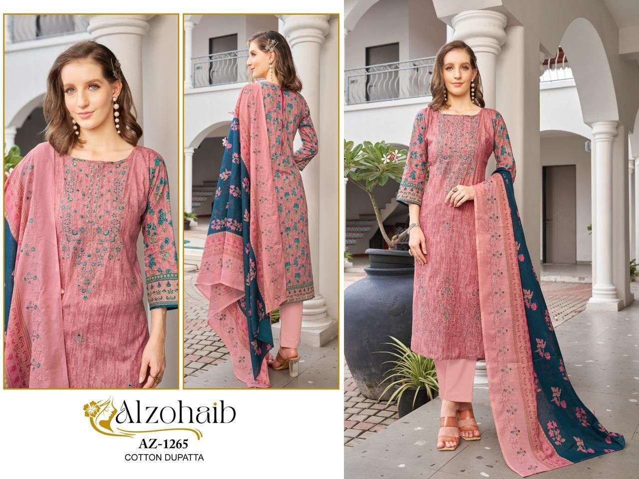 AL ZOHAIB DESIGN NO - 1262-1263-1264-1265-1266-1267 PURE COTTON PRINT SELF WORK PAKISTANI SALWAR SUIT 