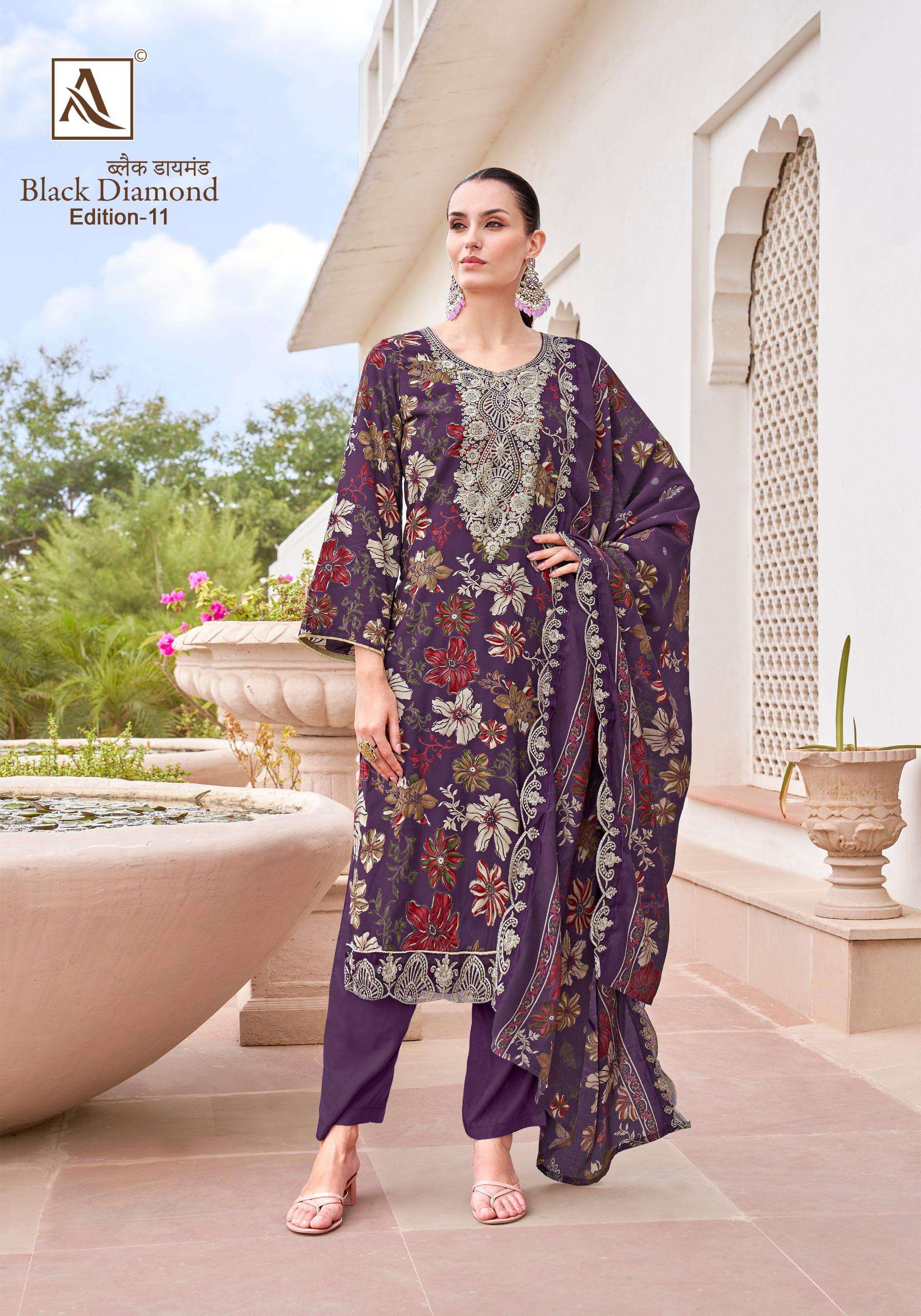 ALOK SUITS BLACK DIAMOND EDITION 11 RAYON PRINT WITH FANCY WORK SUIT	