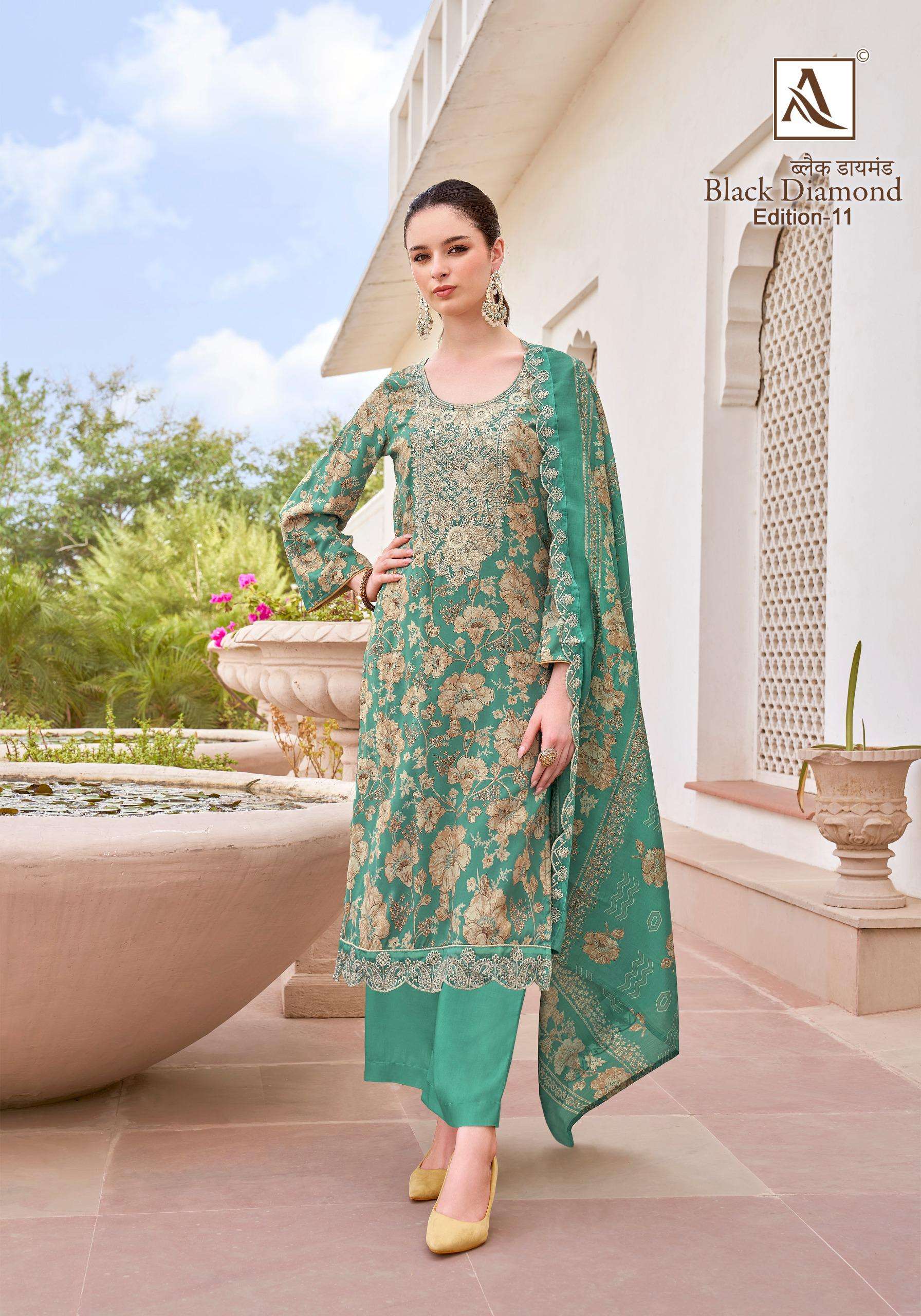 ALOK SUITS BLACK DIAMOND EDITION 11 RAYON PRINT WITH FANCY WORK SUIT	