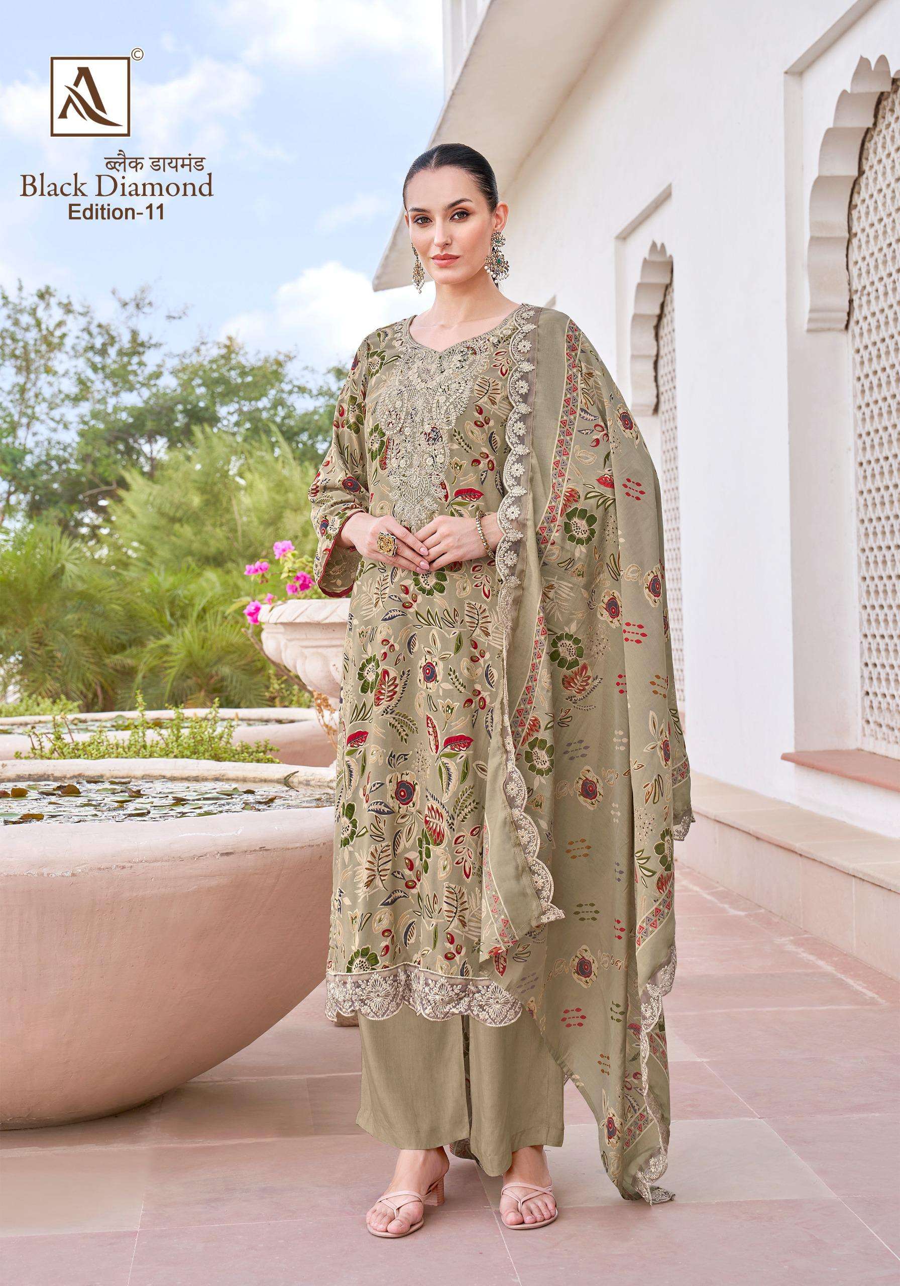 ALOK SUITS BLACK DIAMOND EDITION 11 RAYON PRINT WITH FANCY WORK SUIT	