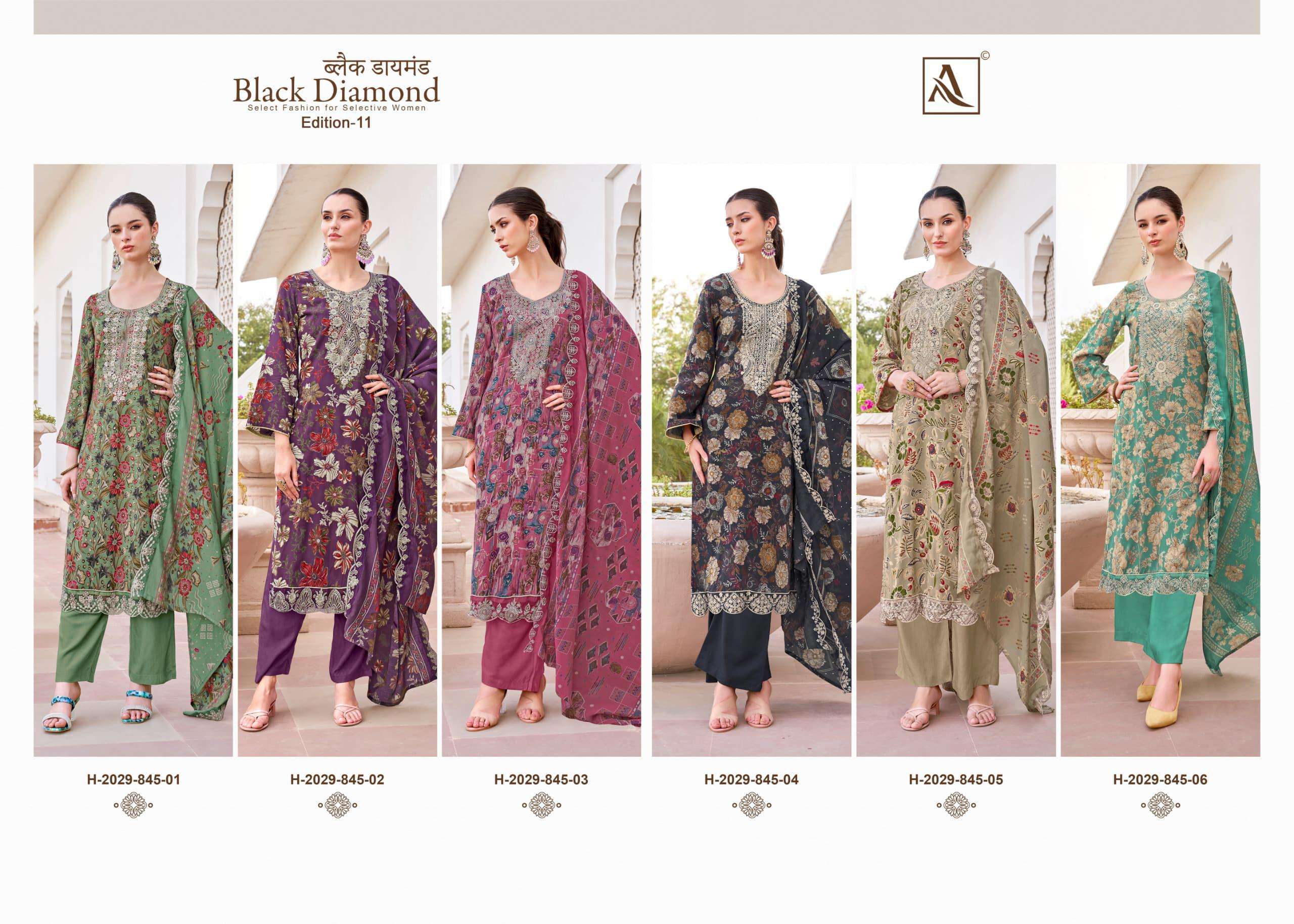 ALOK SUITS BLACK DIAMOND EDITION 11 RAYON PRINT WITH FANCY WORK SUIT	