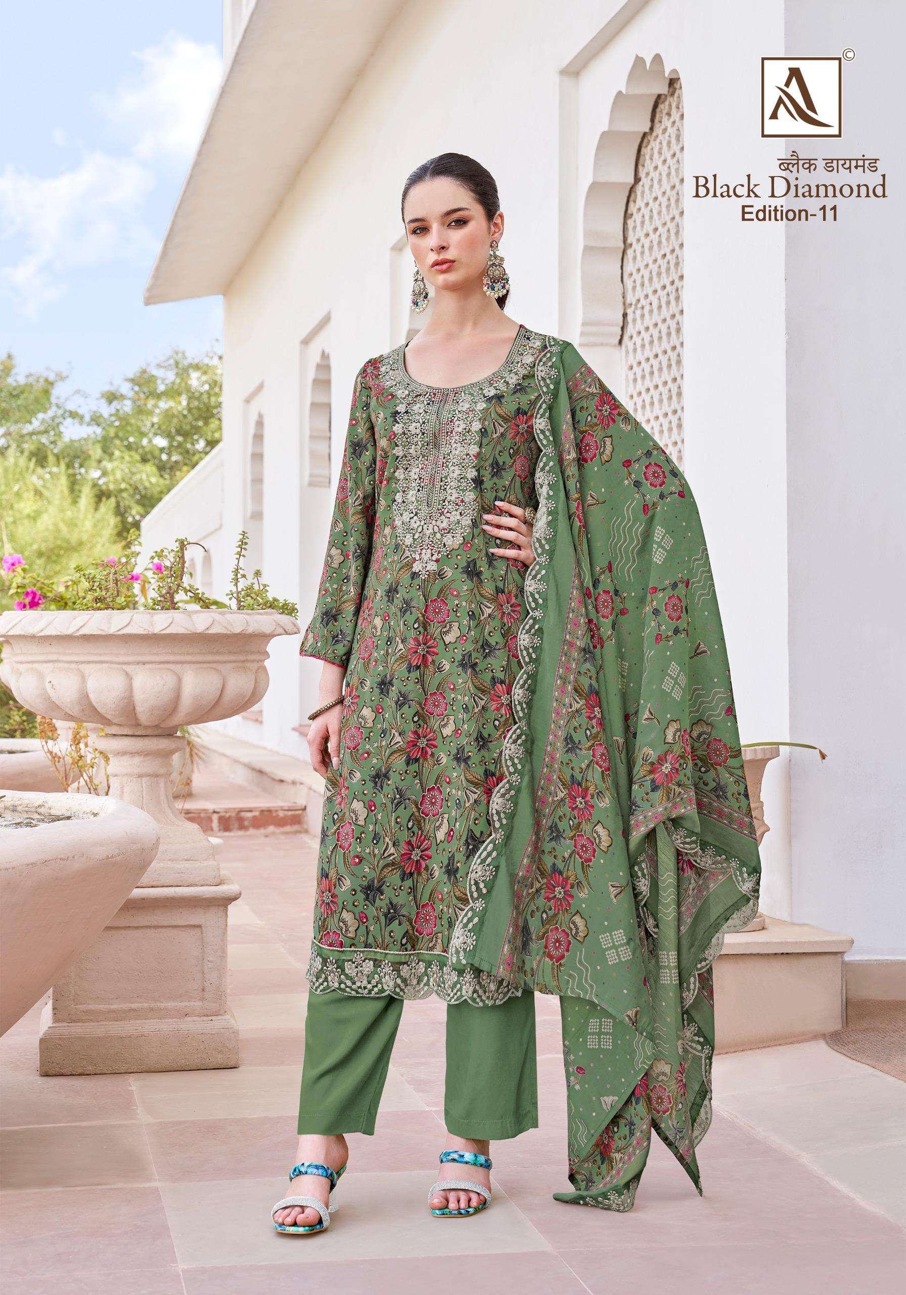 ALOK SUITS BLACK DIAMOND EDITION 11 RAYON PRINT WITH FANCY WORK SUIT	