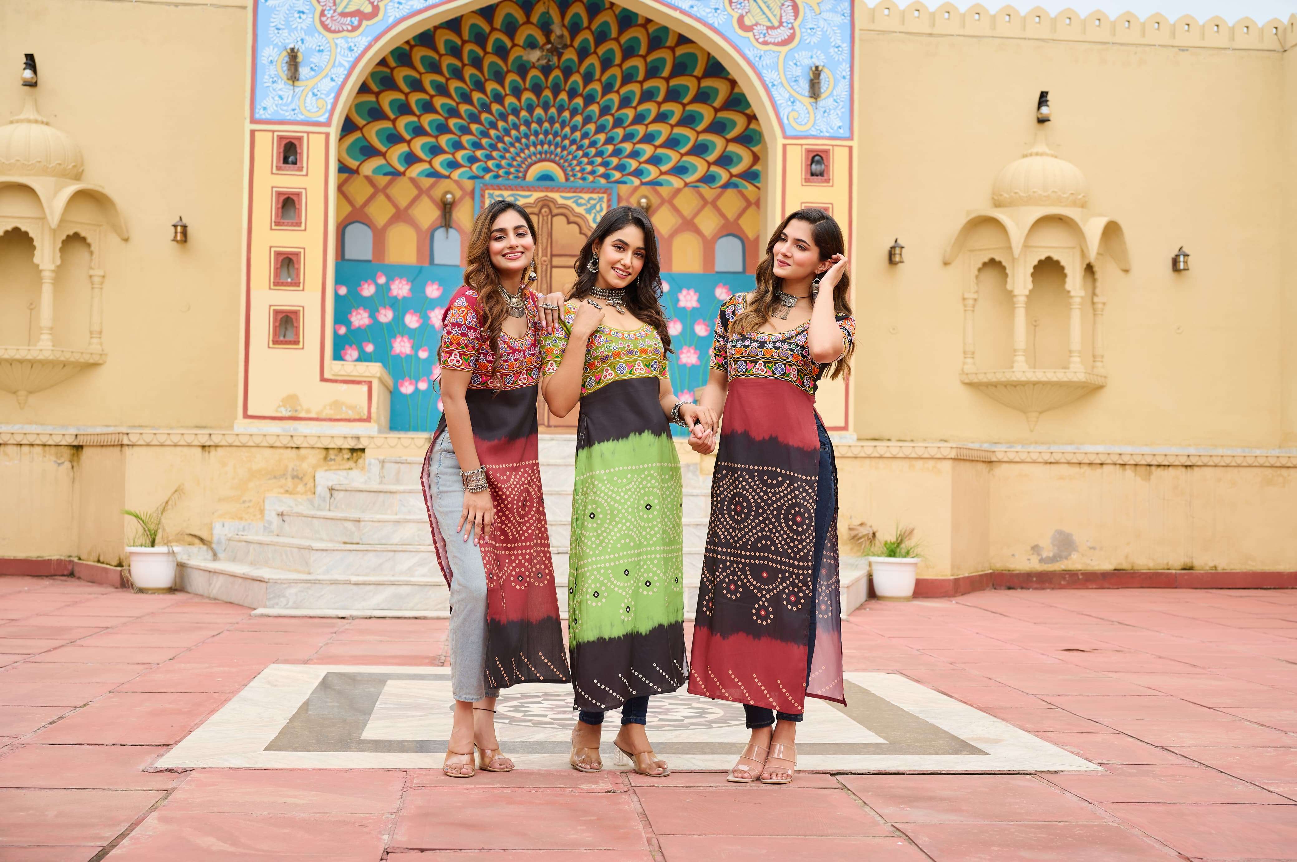 BANDHANI PALACE DESIGN NO - 1190 PRINTED RAYON KUTCH GAMTHI WORK KURTI