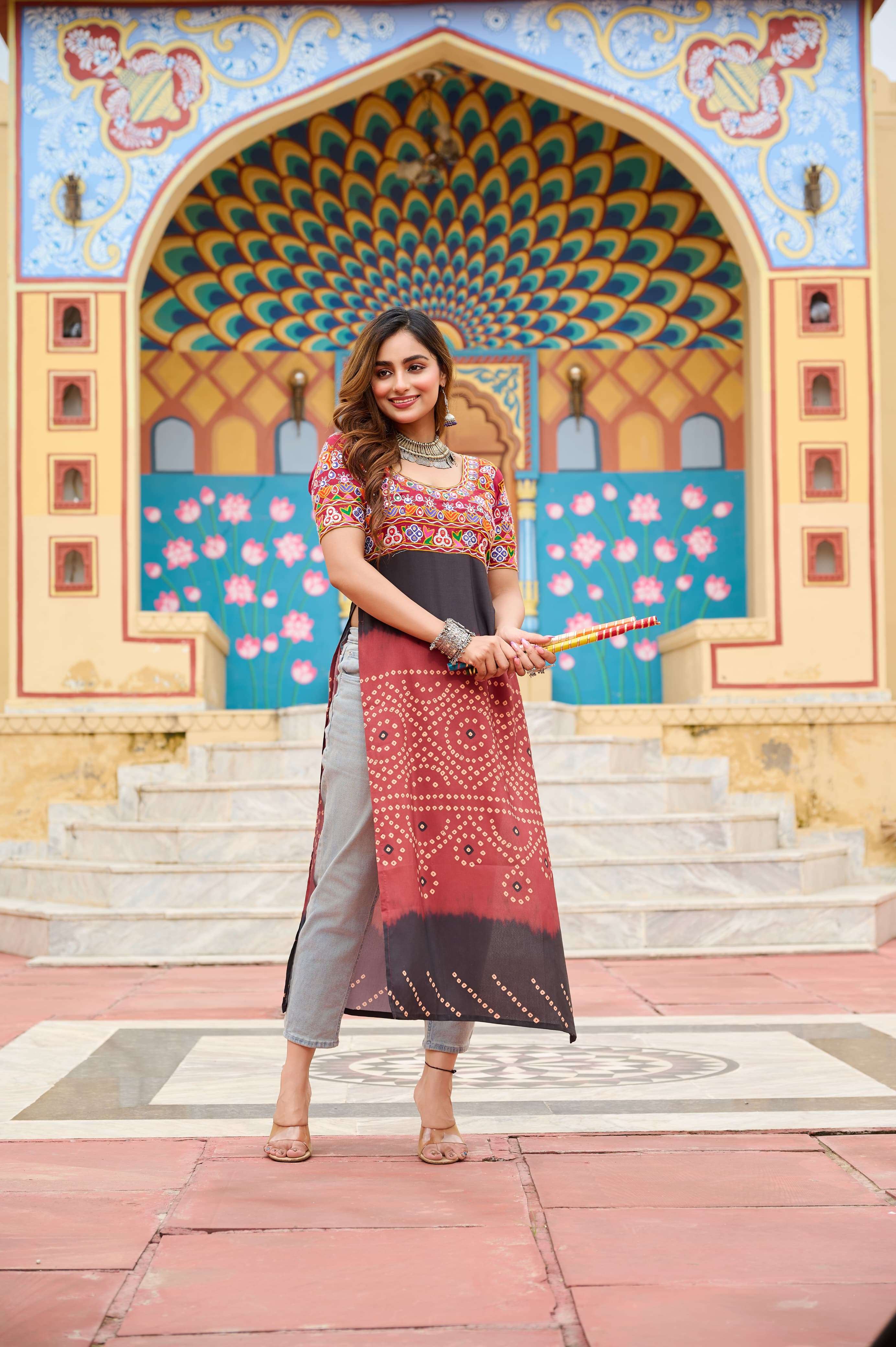 BANDHANI PALACE DESIGN NO - 1190 PRINTED RAYON KUTCH GAMTHI WORK KURTI