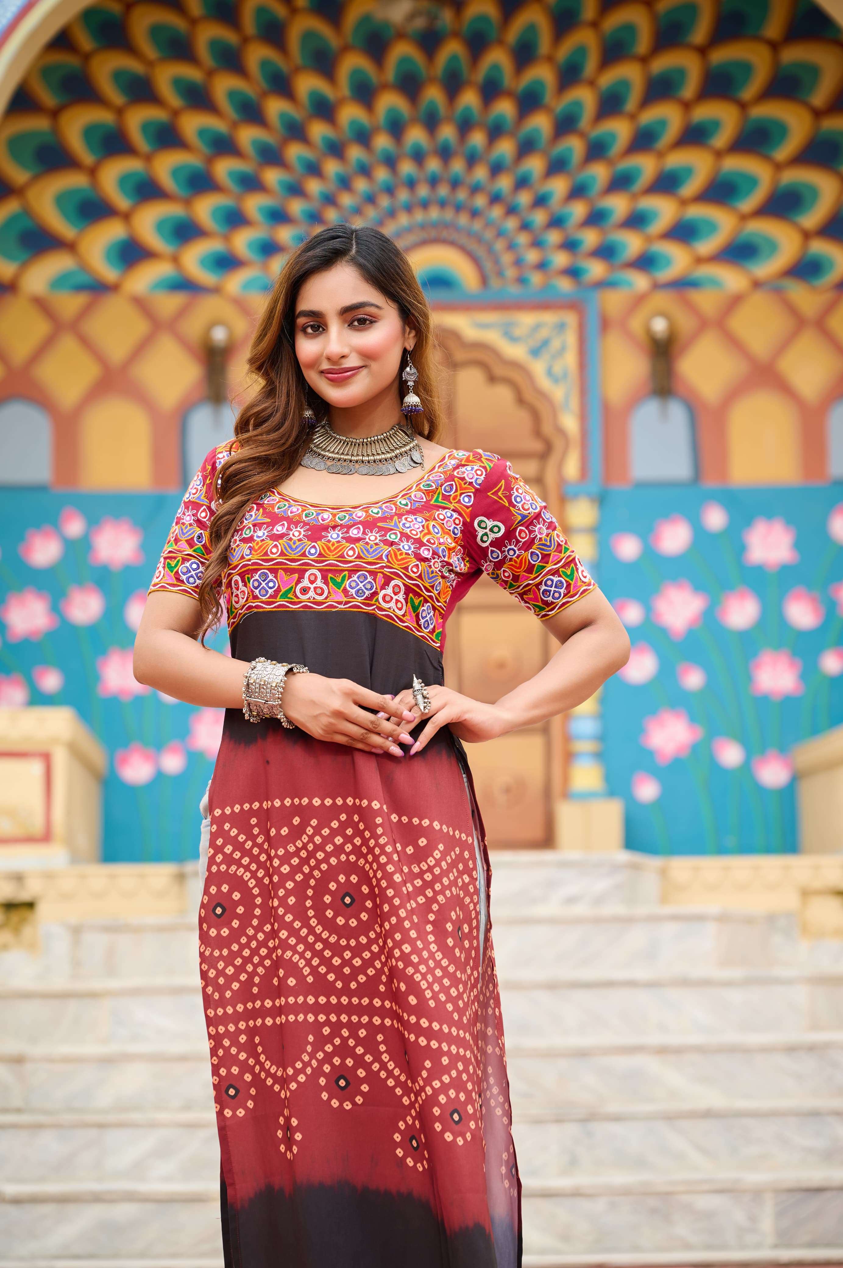 BANDHANI PALACE DESIGN NO - 1190 PRINTED RAYON KUTCH GAMTHI WORK KURTI