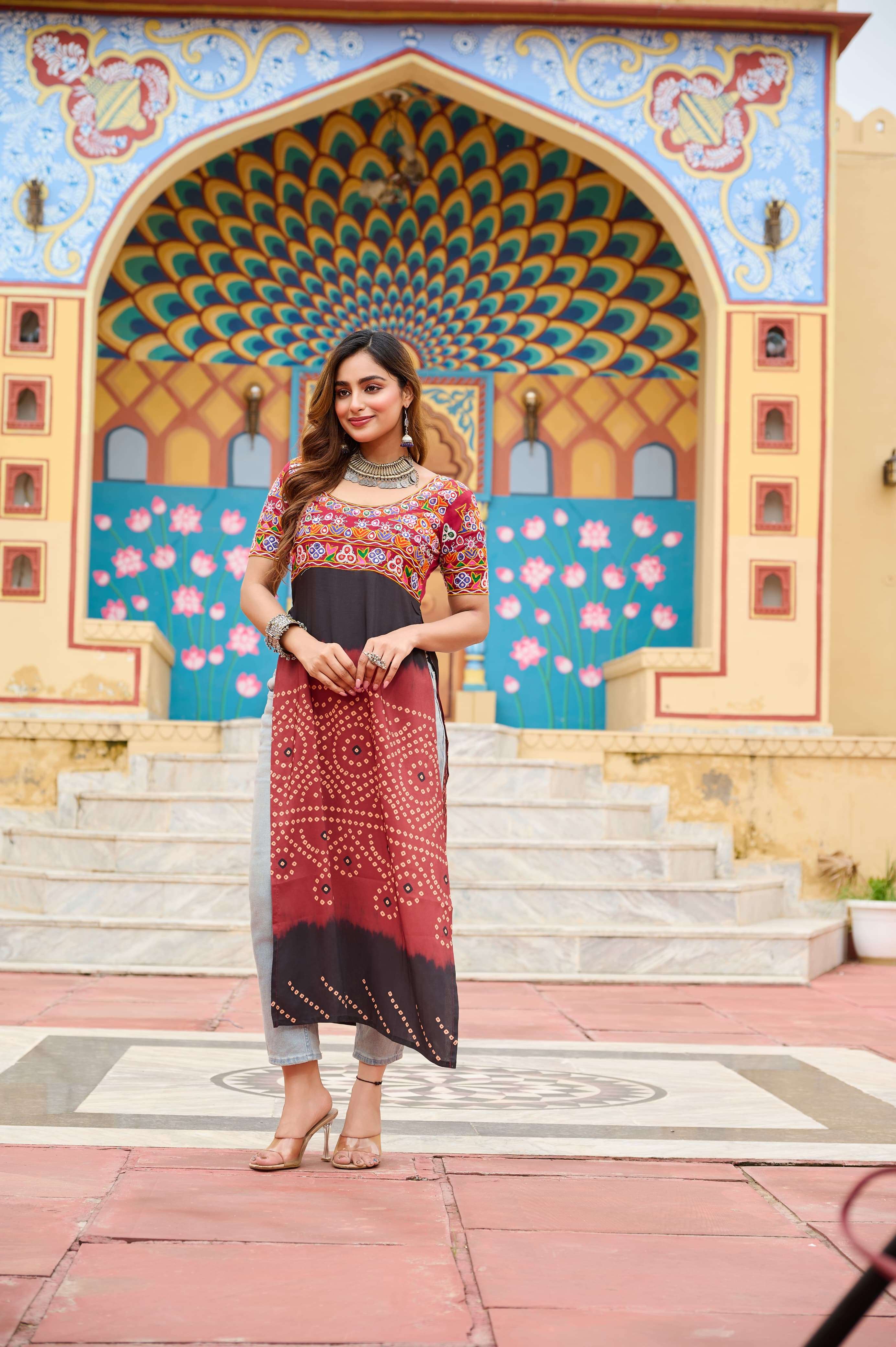 BANDHANI PALACE DESIGN NO - 1190 PRINTED RAYON KUTCH GAMTHI WORK KURTI