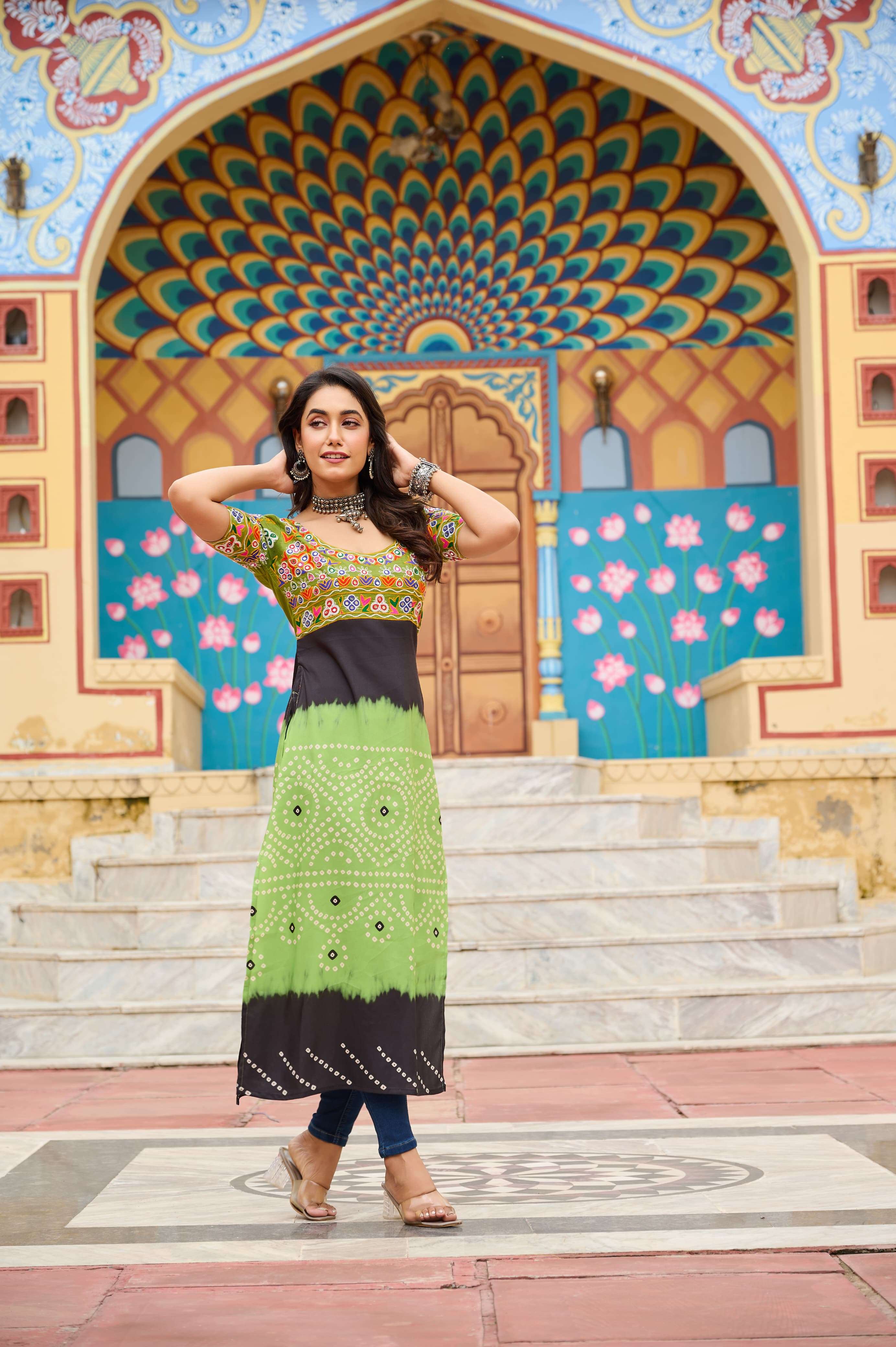BANDHANI PALACE DESIGN NO - 1190 PRINTED RAYON KUTCH GAMTHI WORK KURTI