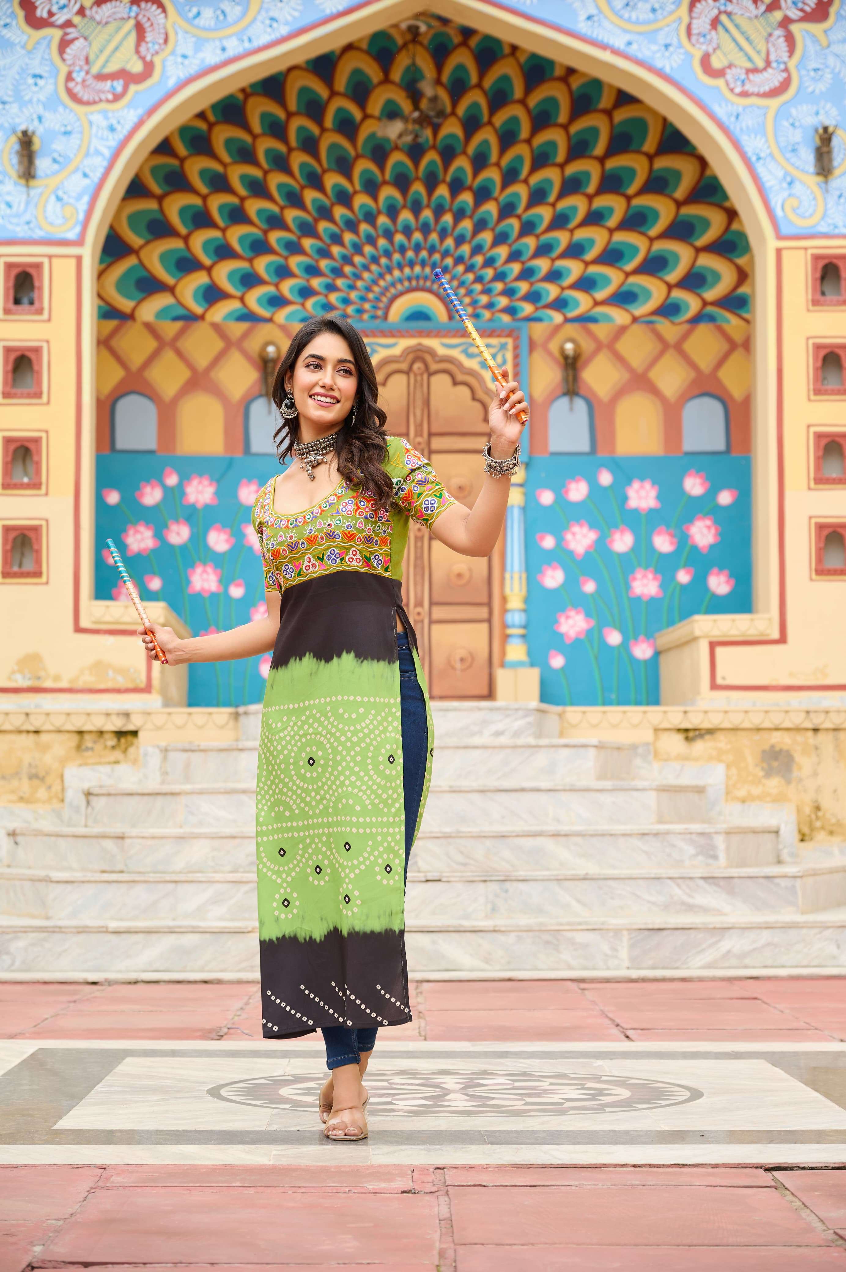 BANDHANI PALACE DESIGN NO - 1190 PRINTED RAYON KUTCH GAMTHI WORK KURTI